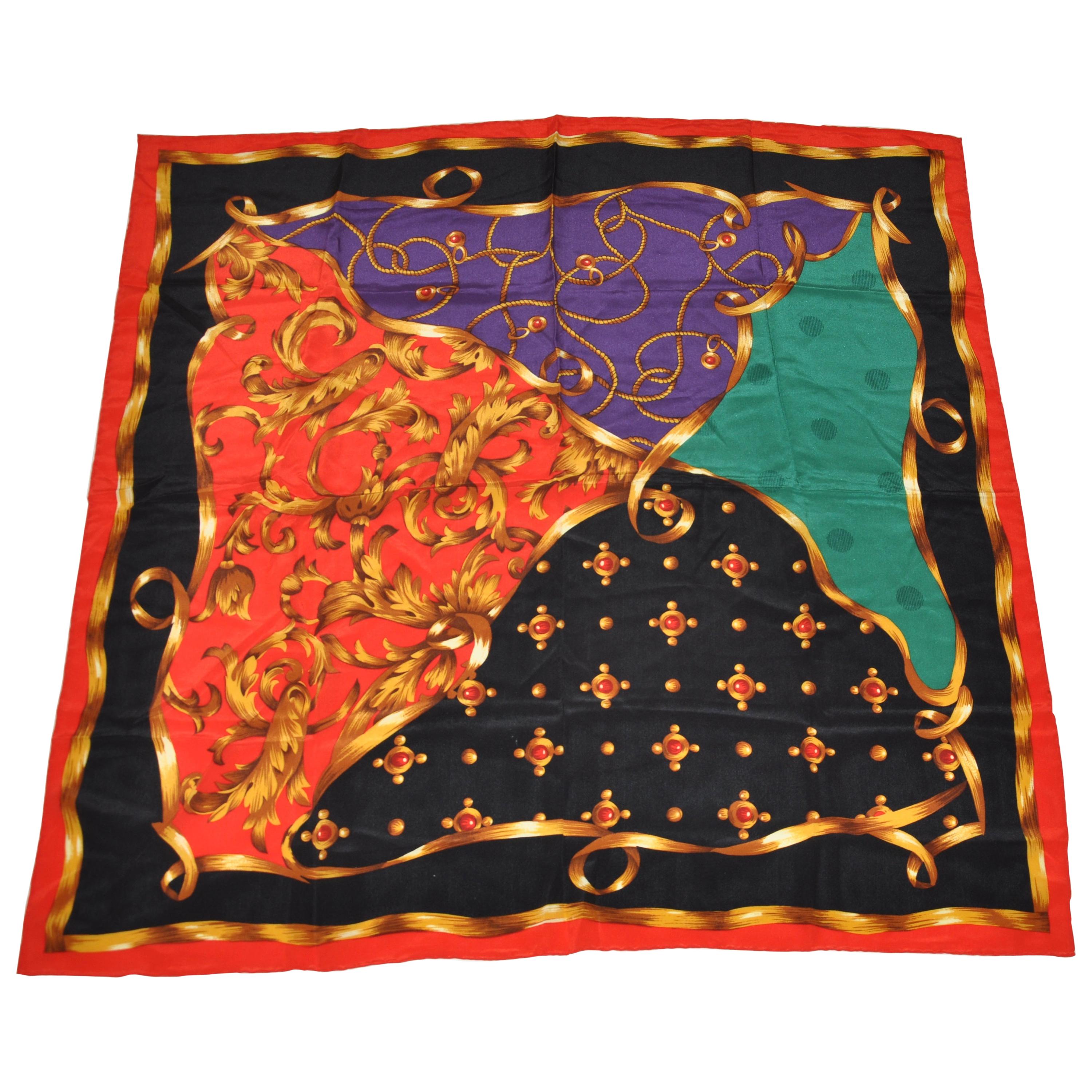 Large Royal Red Borders With Golden Accents Patterned Silk Scarf