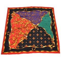 Vintage Large Royal Red Borders With Golden Accents Patterned Silk Scarf