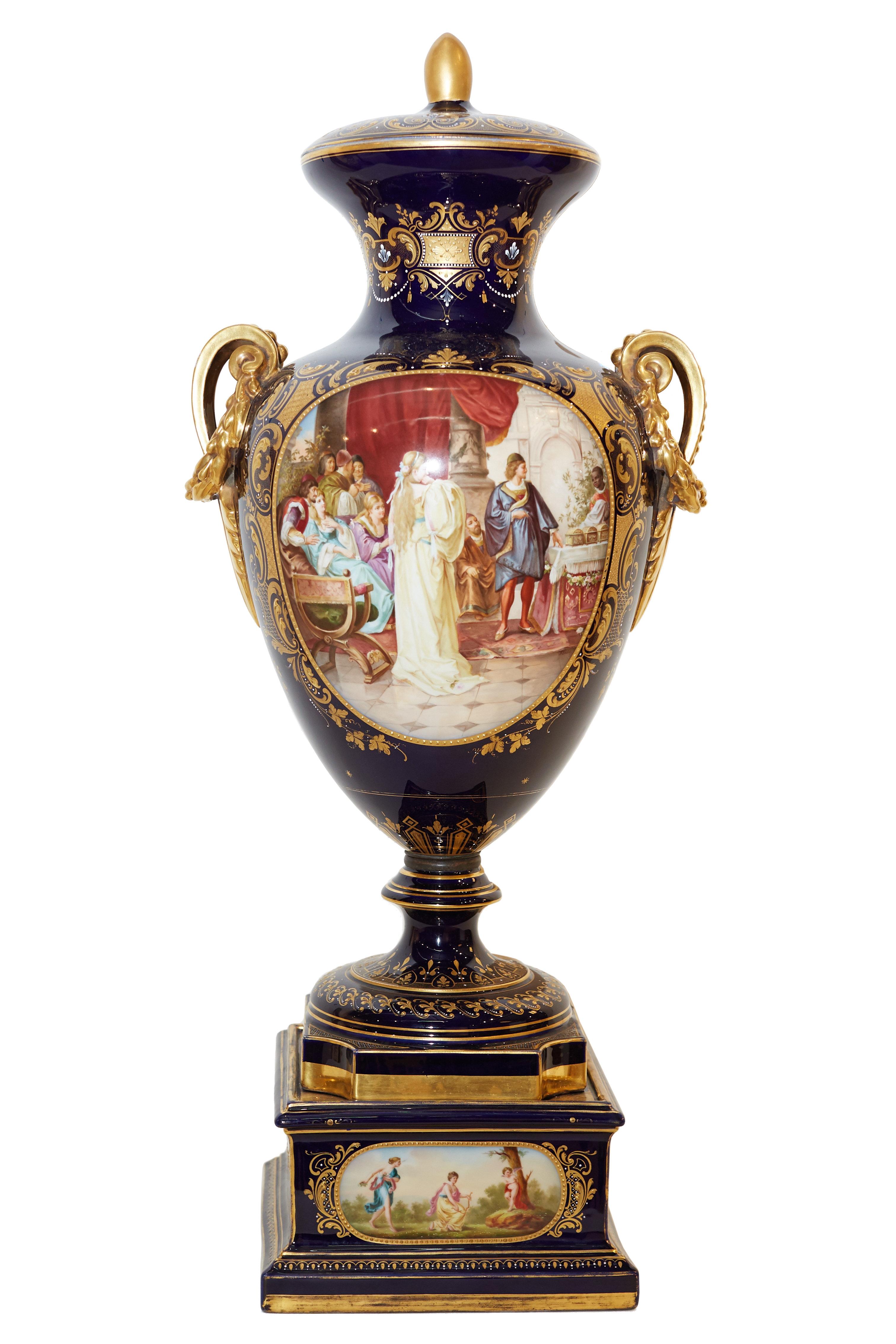 19th century Austrian Royal Vienna vase with lid with extensive gilding and hand painted cartouches depicting scenes from Shakespeare's The Merchant of Venice.