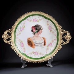 Large Royal Vienna Style Porcelain Portrait Plate in Gilt Metal Frame, 15in