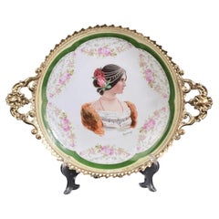 Large Royal Vienna Style Porcelain Portrait Plate in Gilt Metal Frame, 15in