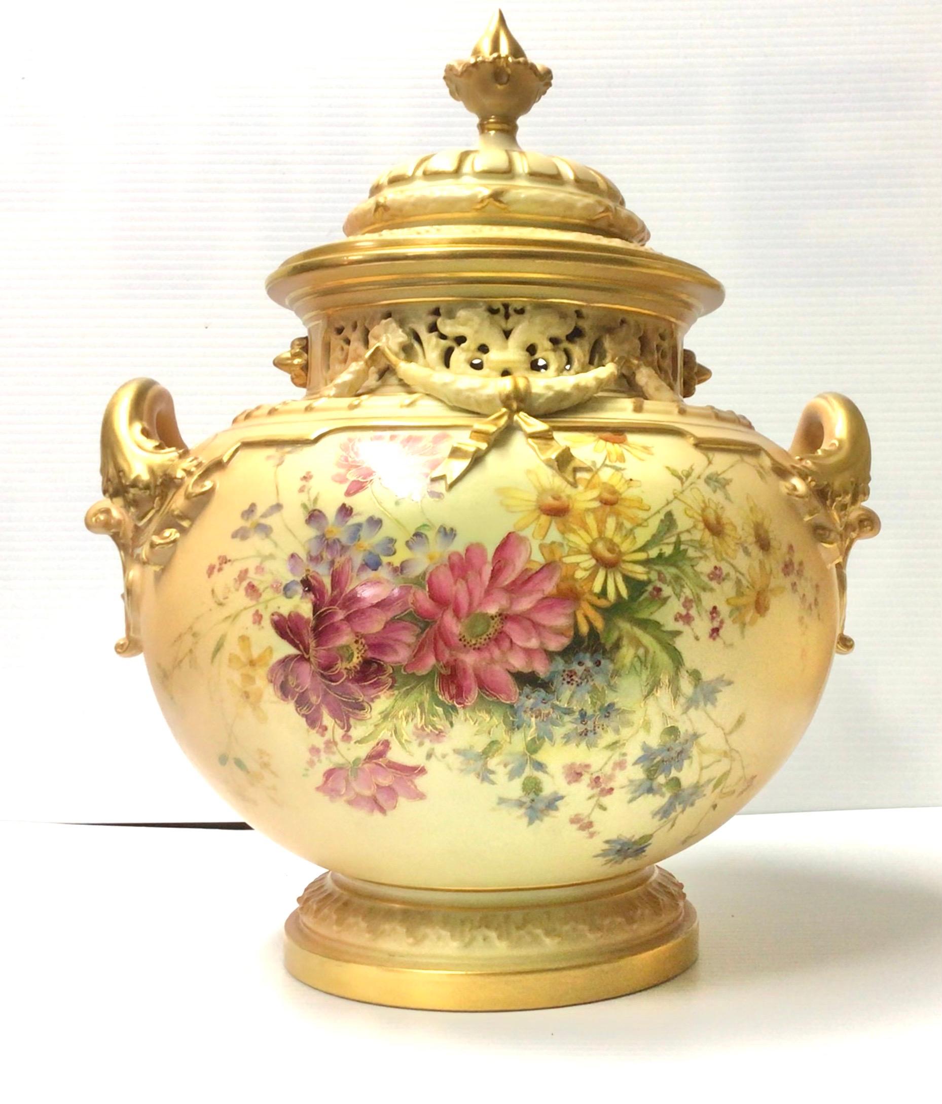 Ceramic Large Royal Worcester Antique Blush Ivory Bow Urn Vase For Sale