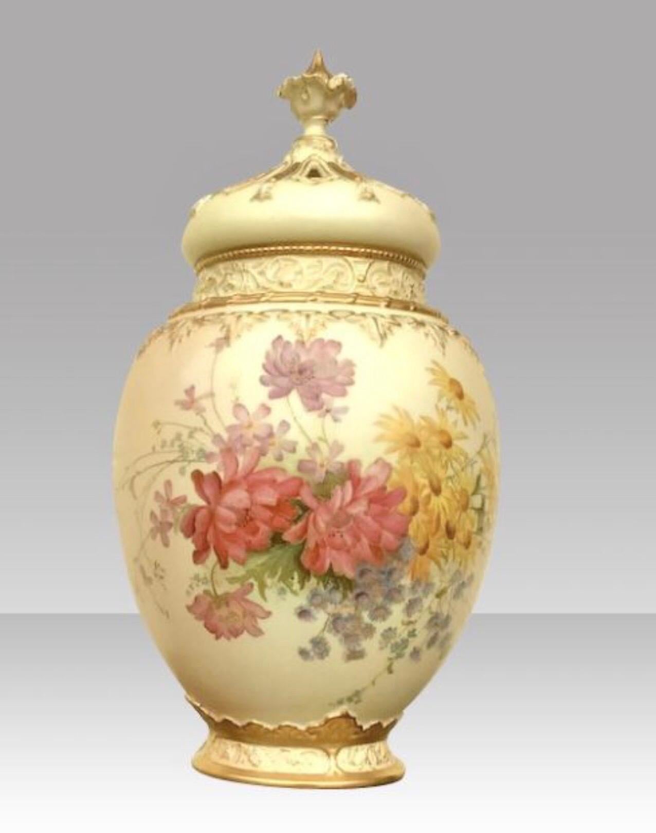 Rococo Large Royal Worcester Blush Ivory Ground Ovoid Pot Pourri Jar Vase For Sale