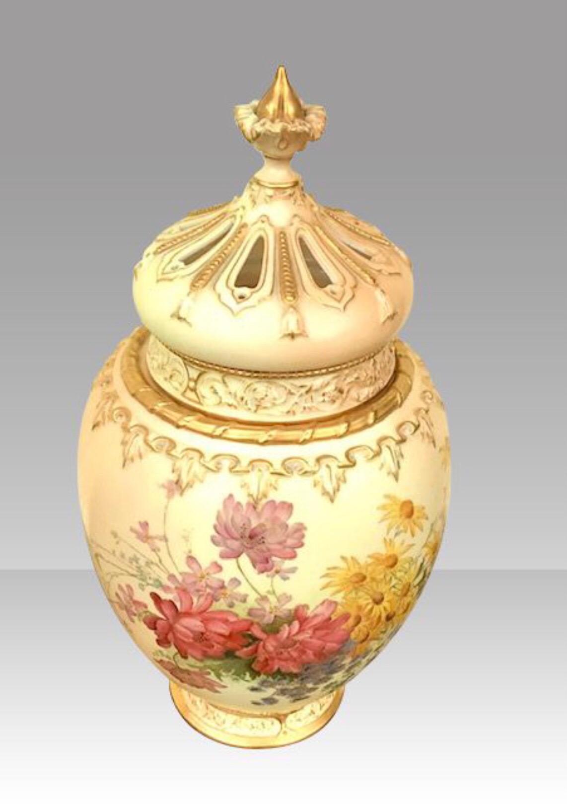 English Large Royal Worcester Blush Ivory Ground Ovoid Pot Pourri Jar Vase For Sale