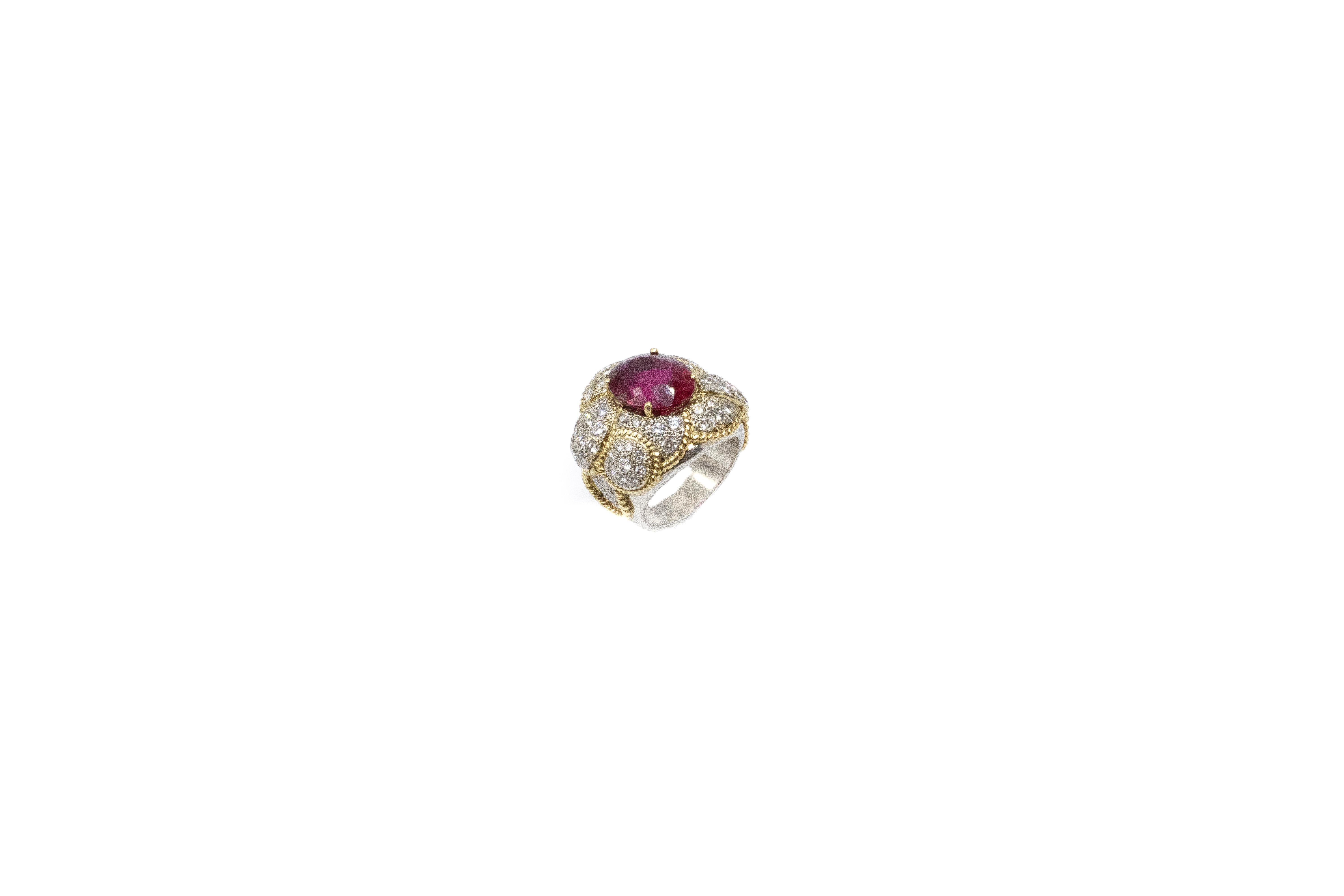 Large Rubellite Diamond Two Tone Gold Ring, Beautiful rubellite tourmaline is surrounded by round cut diamonds in a one of a kind two tone gold and platinum setting. sz 8.5