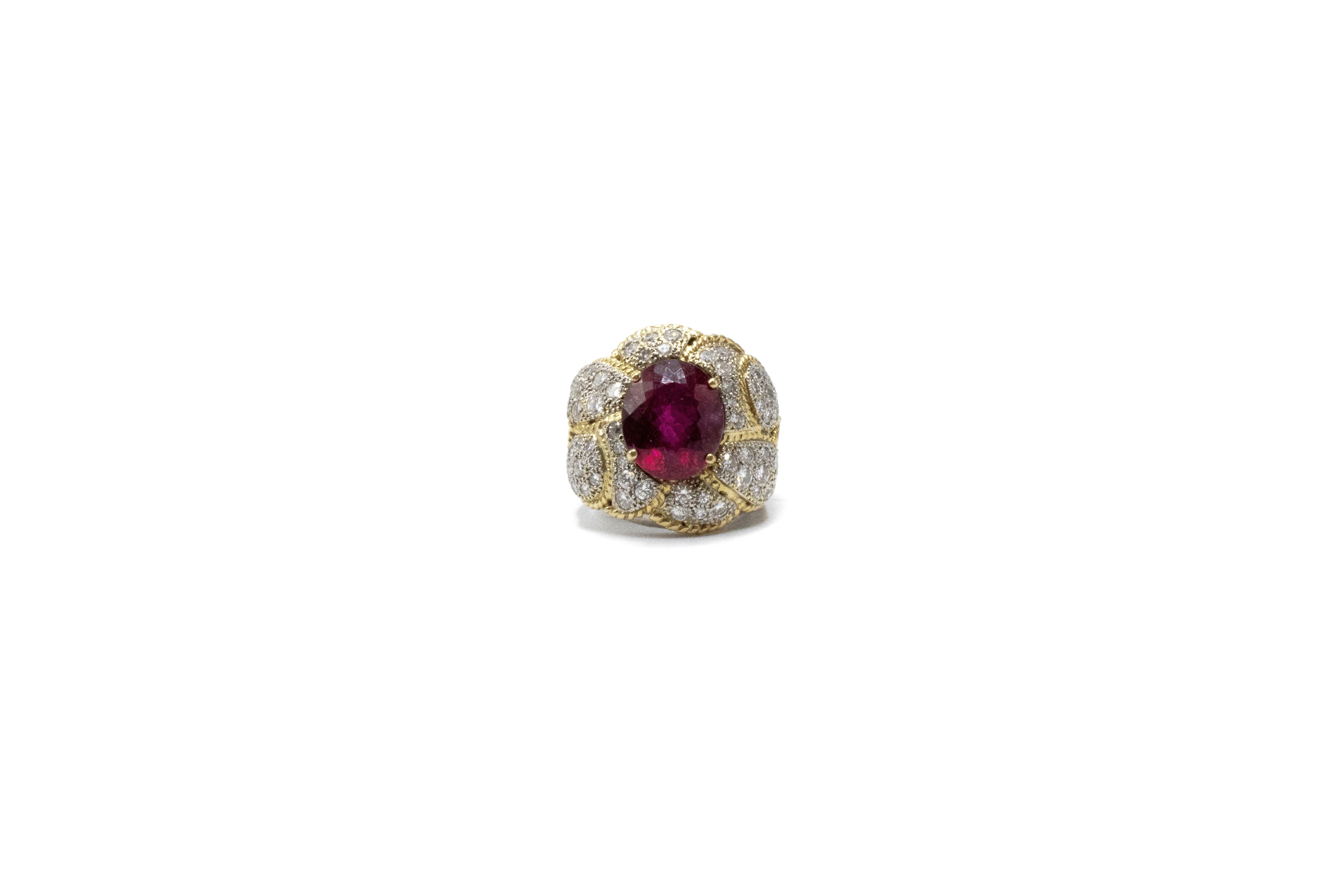 Modern Large Rubellite Diamond Two-Tone Platinum Gold Ring For Sale
