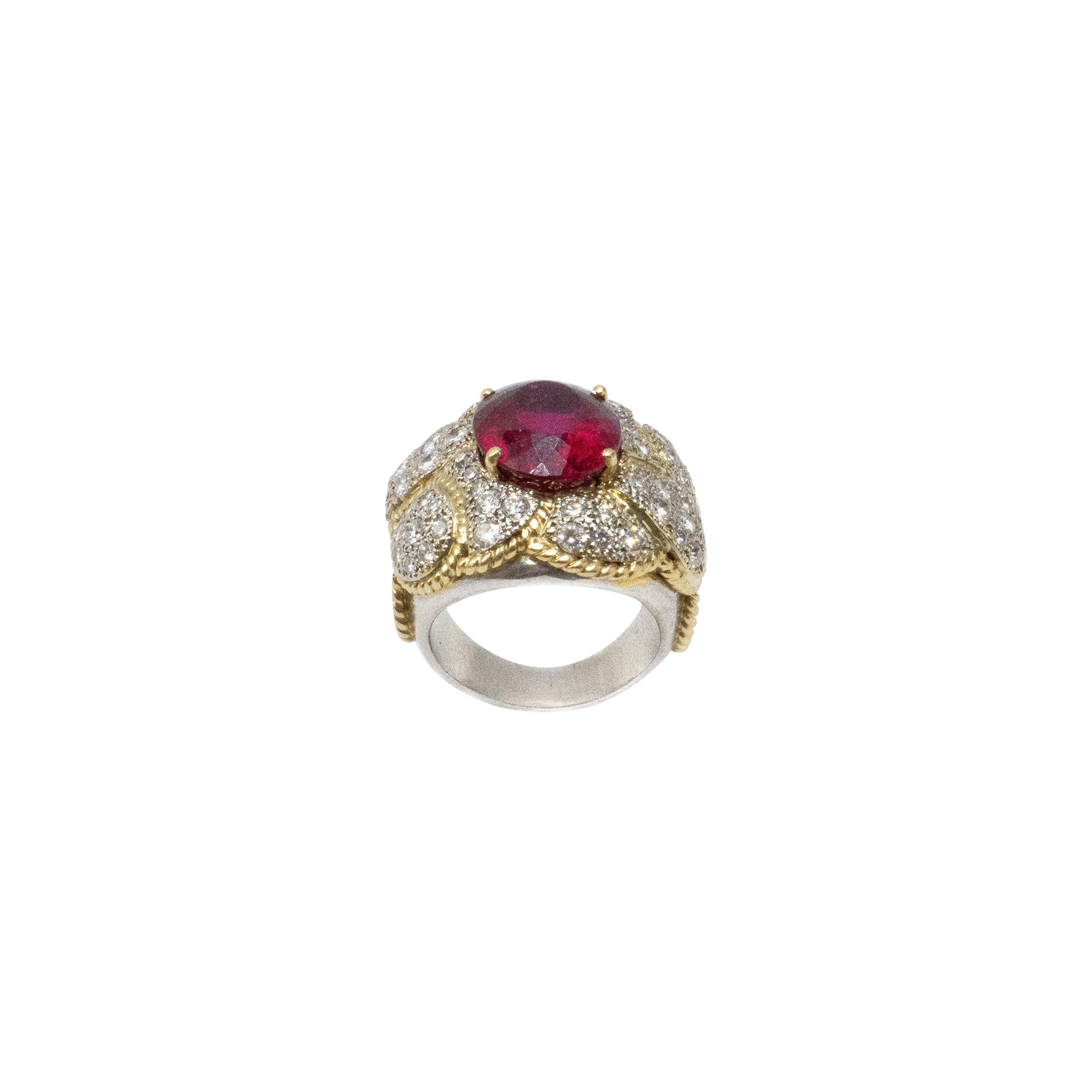 Large Rubellite Diamond Two-Tone Platinum Gold Ring For Sale