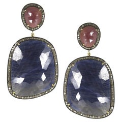 Large Ruby and Blue Sapphire Earrings Diamond Slice Drop