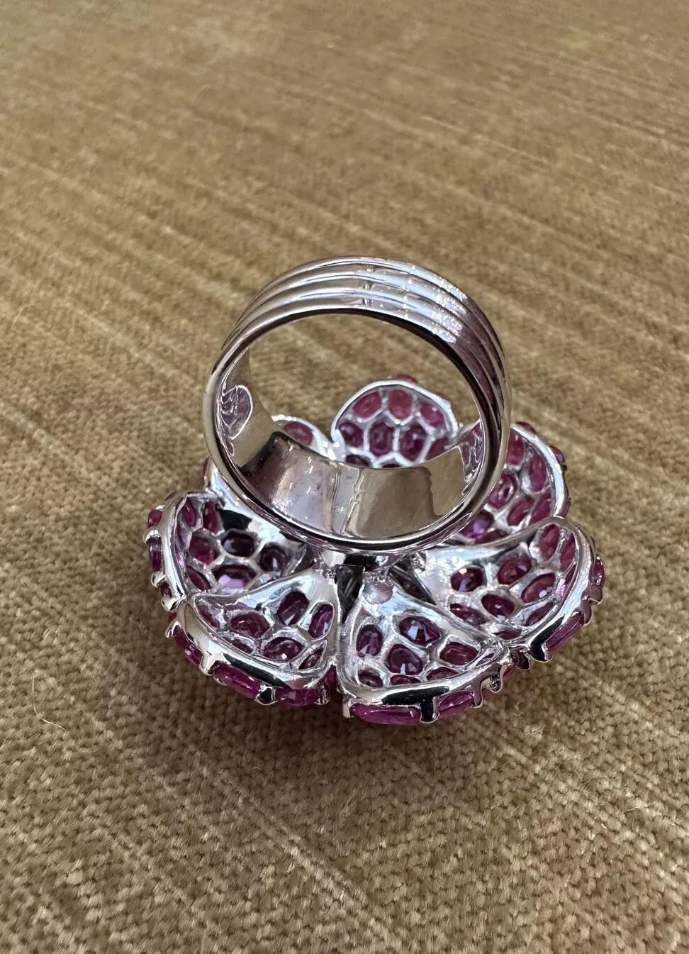 Women's Large Ruby and Diamond Flower Cocktail Ring in 18k White Gold For Sale