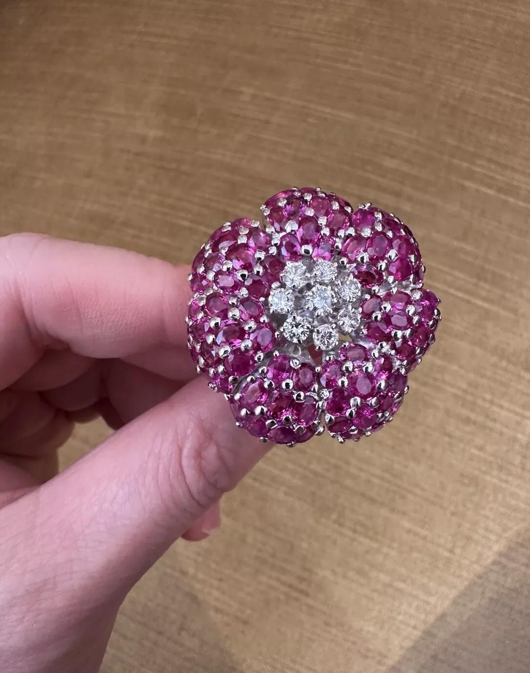 Large Ruby and Diamond Flower Cocktail Ring in 18k White Gold For Sale 1