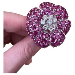 Large Ruby and Diamond Flower Cocktail Ring in 18k White Gold