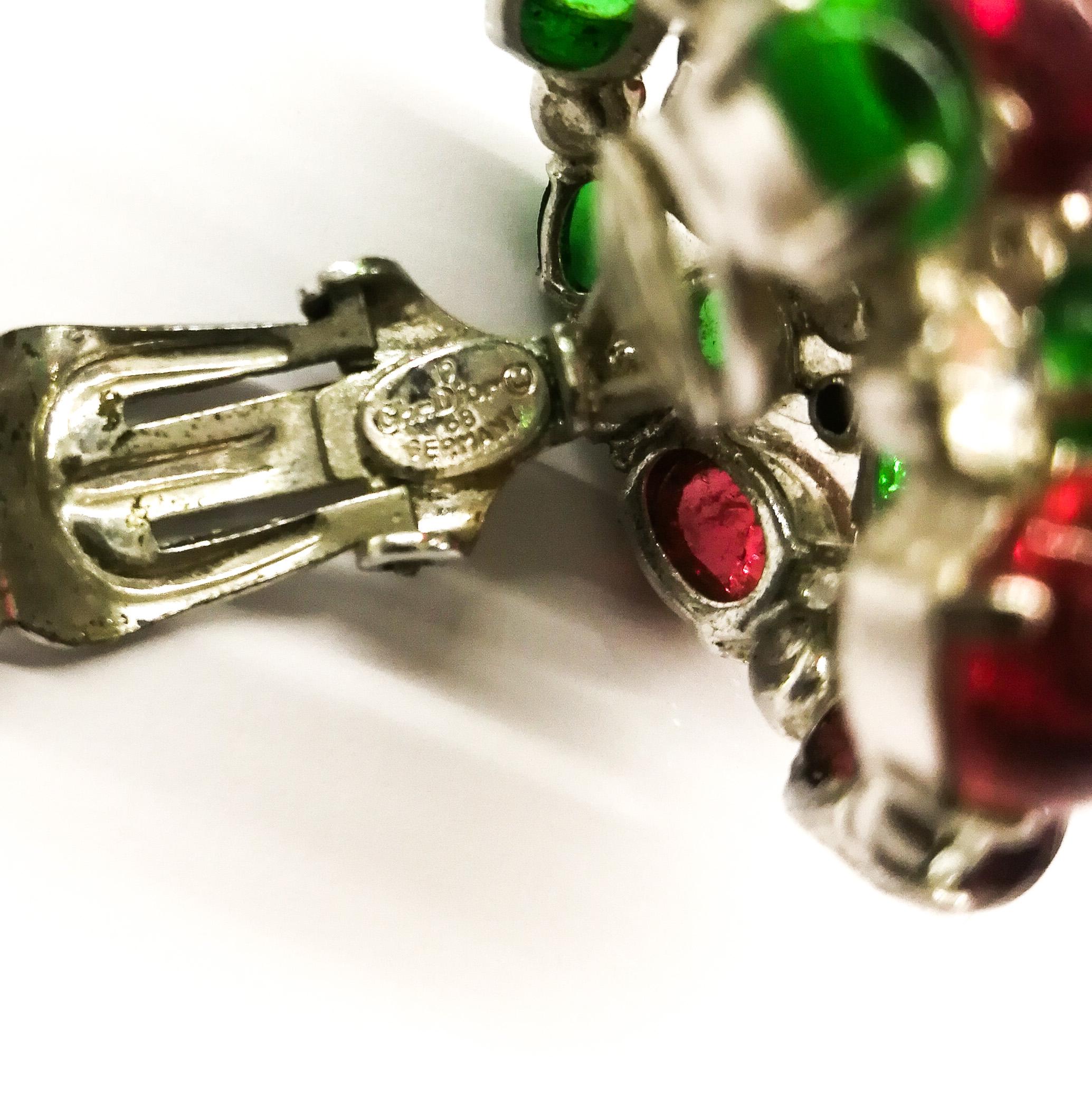 Large ruby and emerald paste cabuchon 'cluster' earrings, Christian Dior, 1968. In Excellent Condition In Greyabbey, County Down