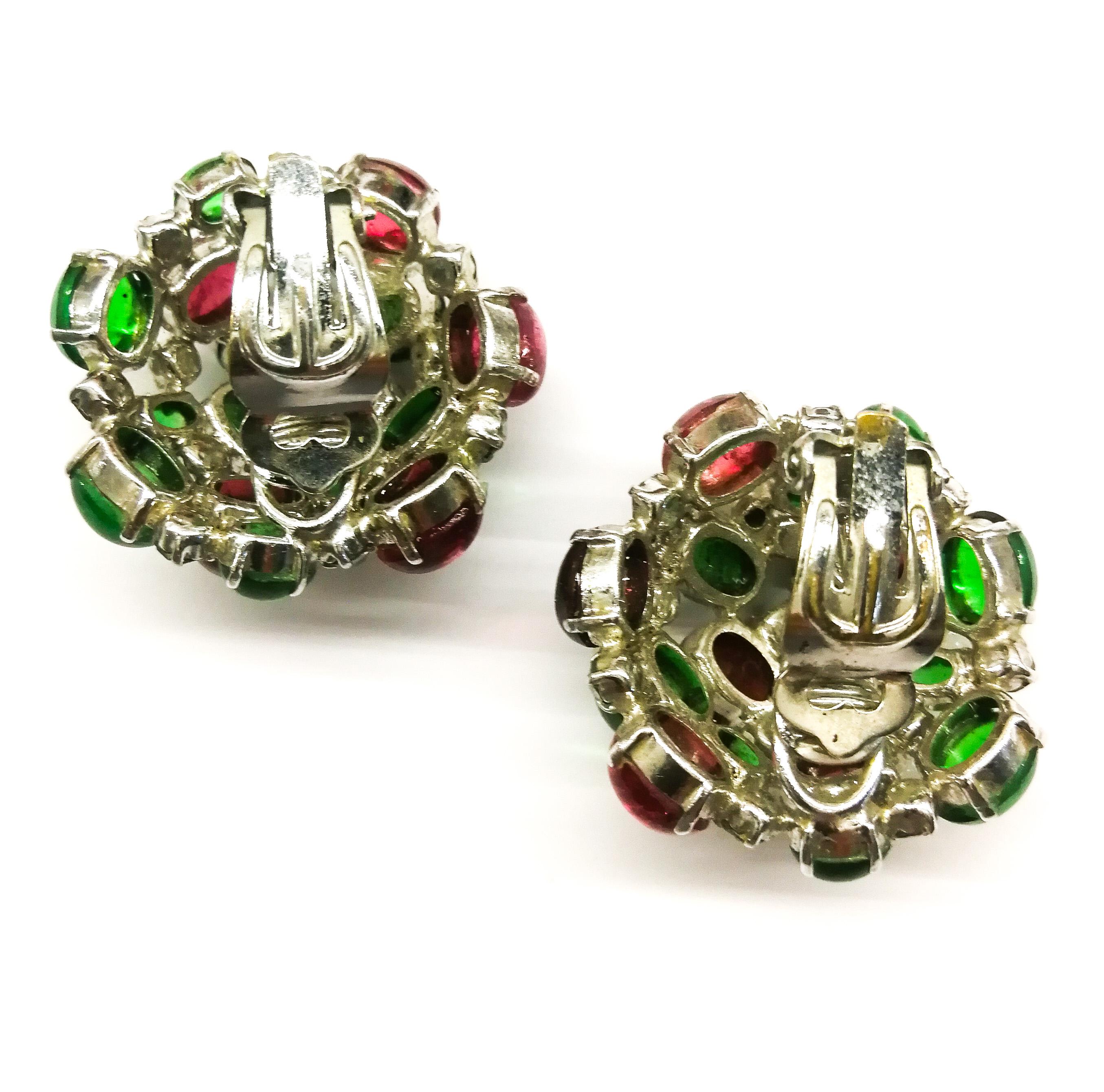 Women's Large ruby and emerald paste cabuchon 'cluster' earrings, Christian Dior, 1968.