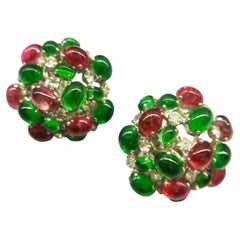 Large ruby and emerald paste cabuchon 'cluster' earrings, Christian Dior, 1968.