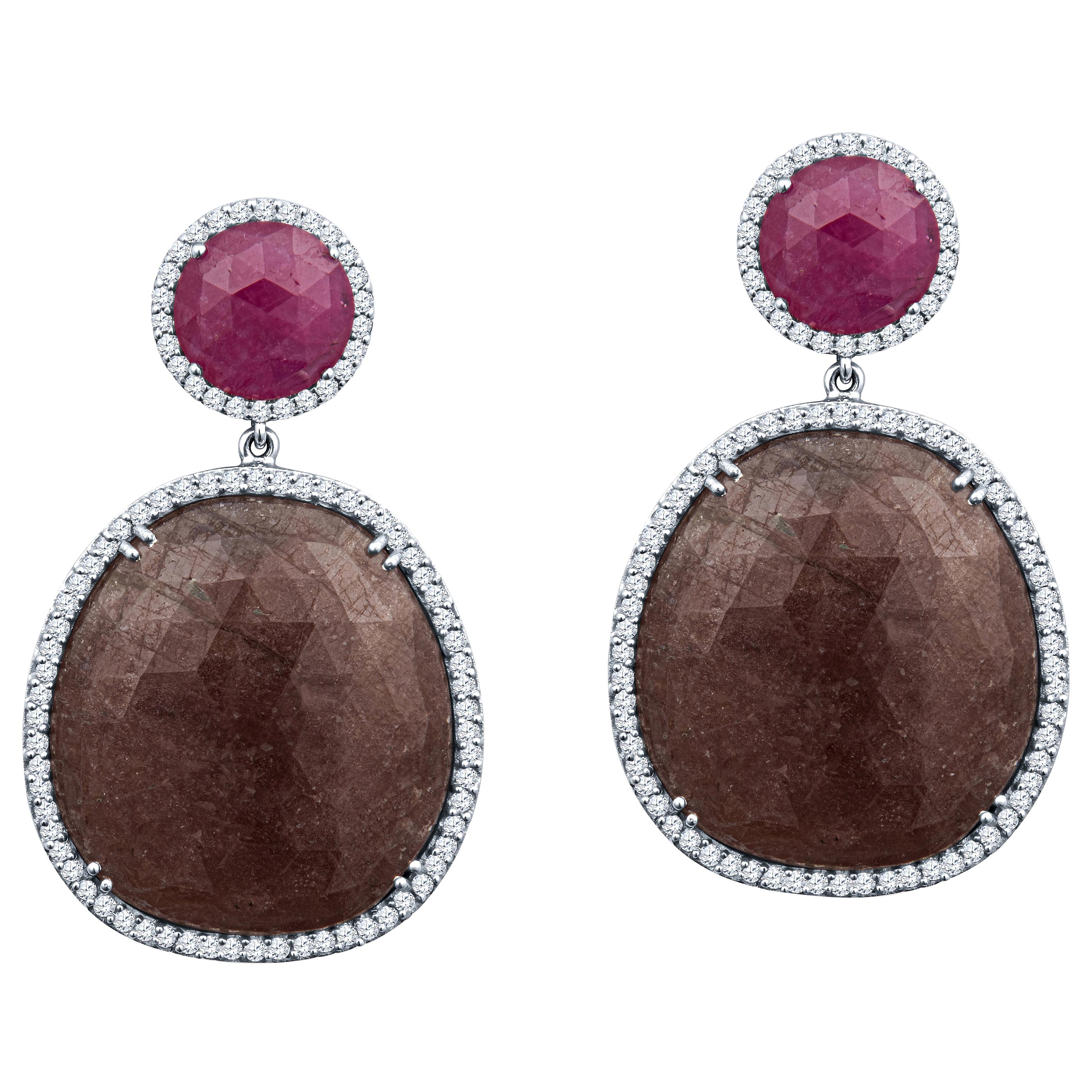 Large Ruby and Sapphire Drop Earrings with 1.80 Carat Round Diamond Halos