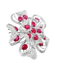 Large Ruby Diamond 18k White Gold Floral Cocktail Ring