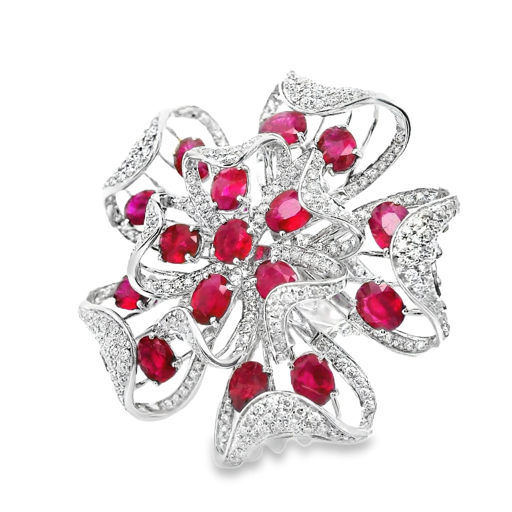 Oval Cut Large Ruby Diamond 18k White Gold Floral Cocktail Ring For Sale