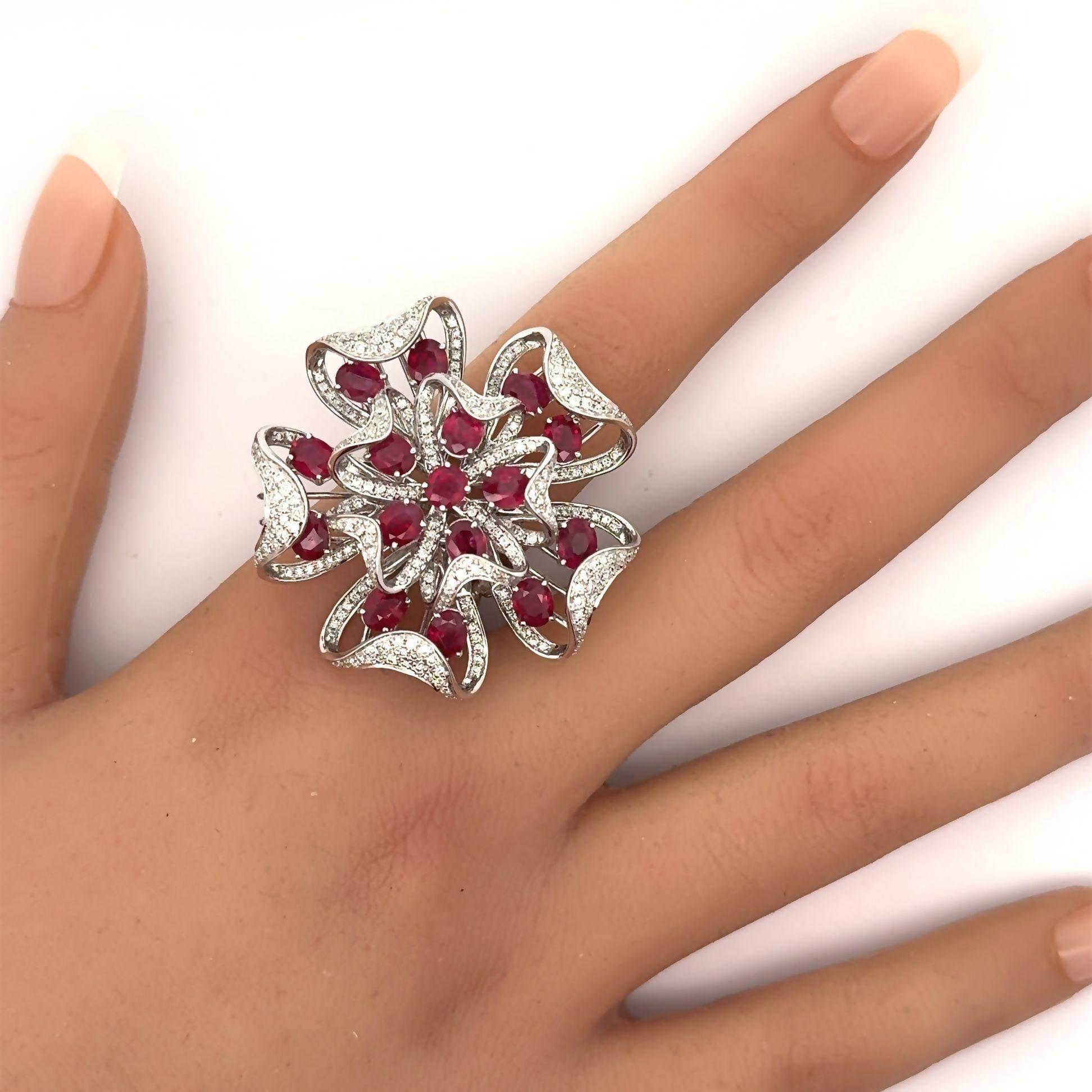Large Ruby Diamond 18k White Gold Floral Cocktail Ring In New Condition For Sale In Beverly Hills, CA