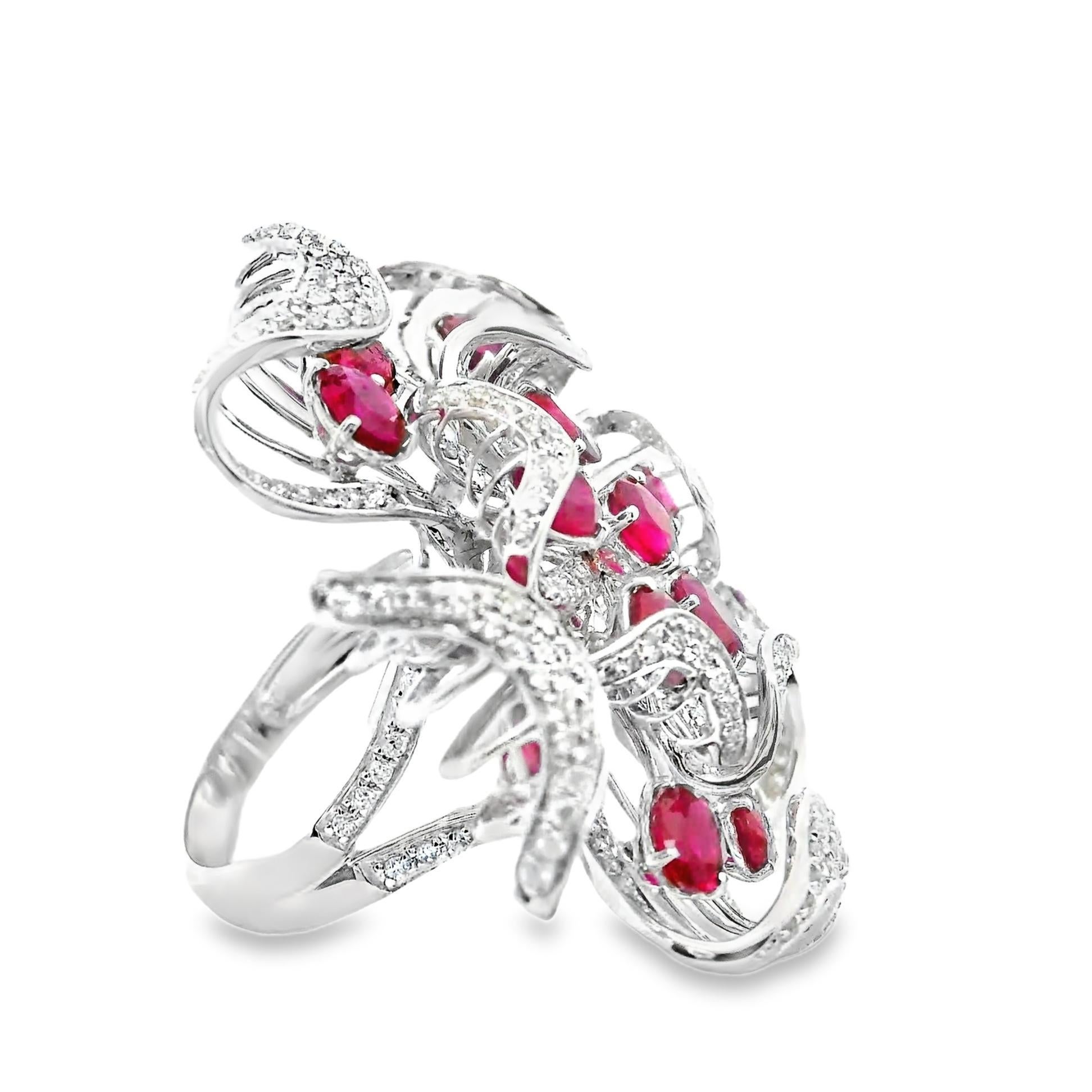 Women's Large Ruby Diamond 18k White Gold Floral Cocktail Ring For Sale