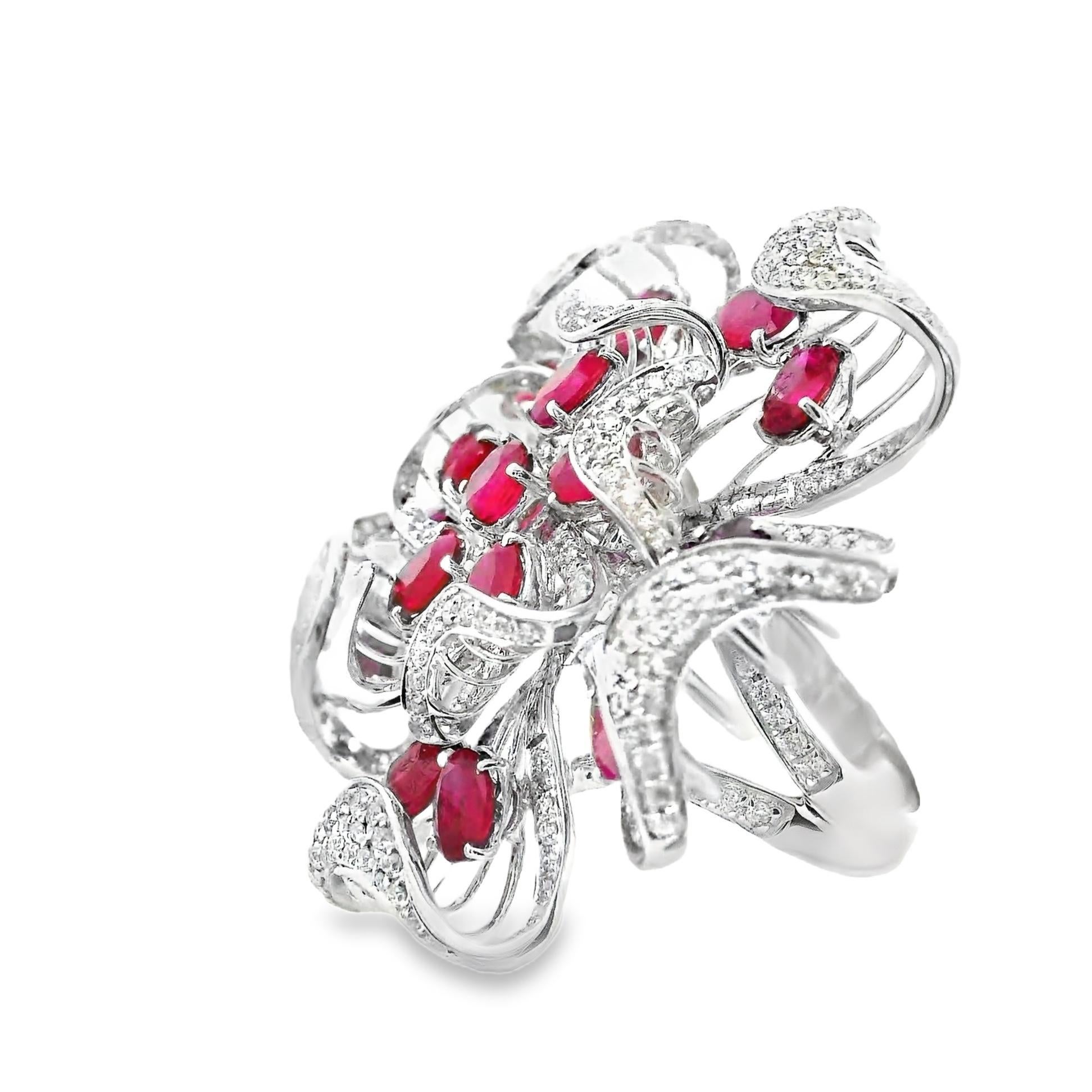 Large Ruby Diamond 18k White Gold Floral Cocktail Ring For Sale 1