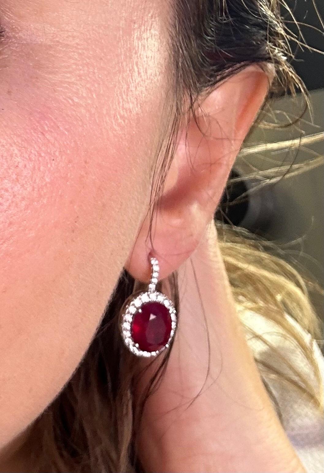 Women's or Men's Large ruby diamond earrings 14KT white gold cocktail earrings For Sale