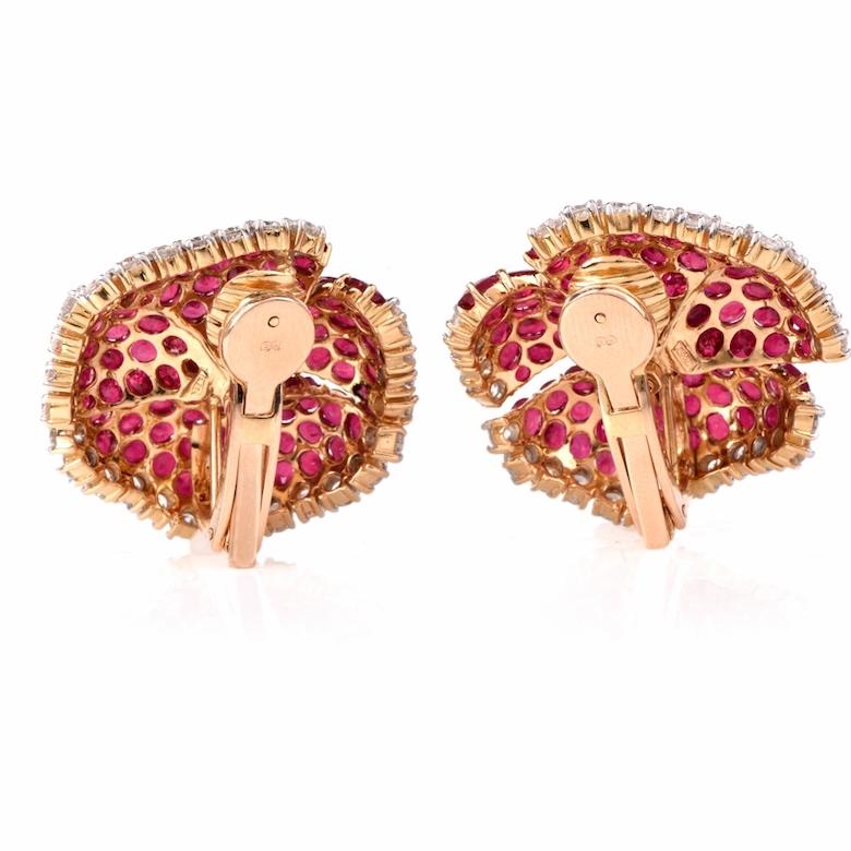 Modern Large Ruby Diamond Gold Clip-Back 18 Karat Yellow Gold Flower Earrings