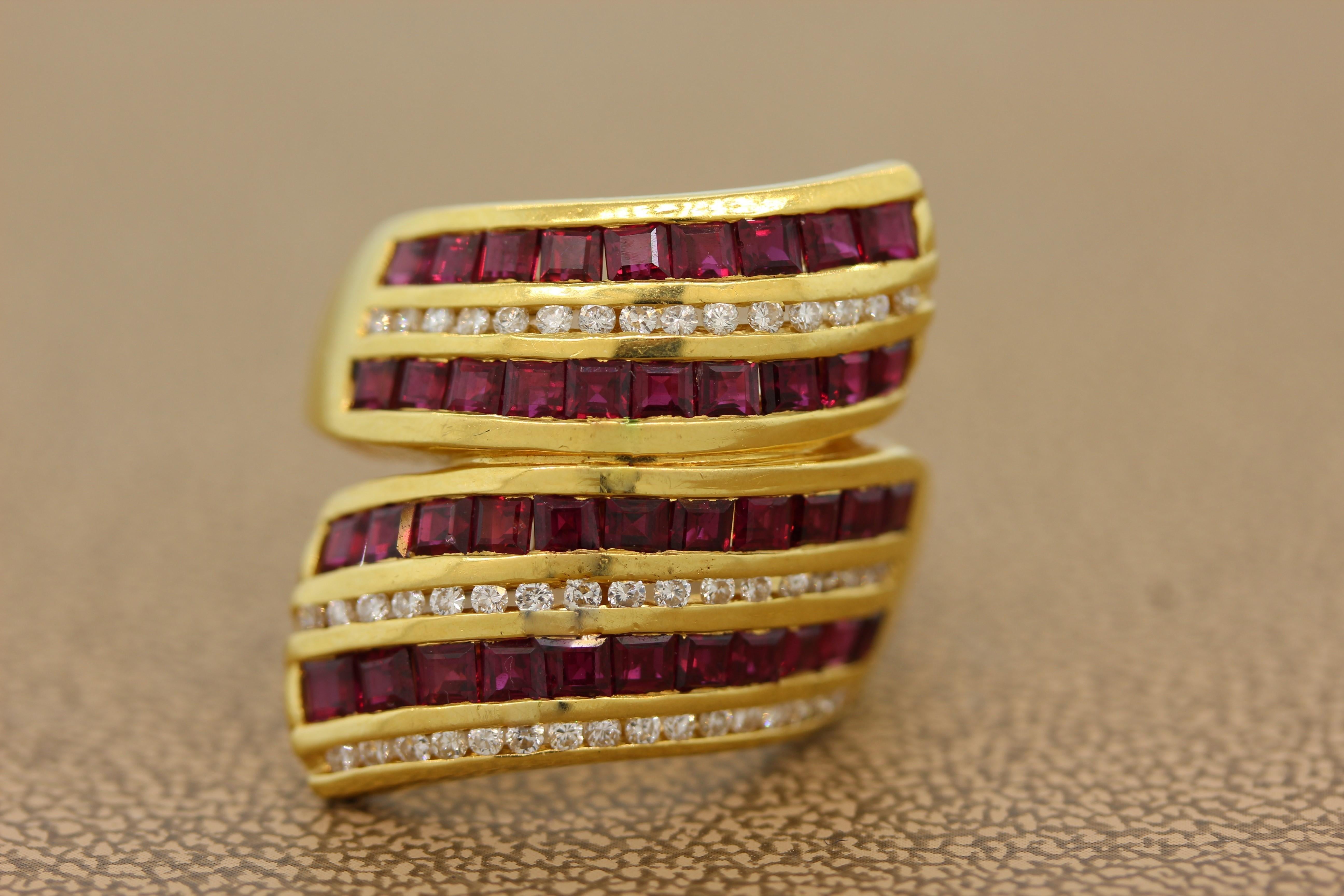 This whimsical cocktail ring features approximately 4.00 carats of rubies with 1.00 carat of diamonds. The channel set princess cut rubies and round cut diamonds are set in an 18K yellow gold spiral.

Ring Size 8 (Sizable)
