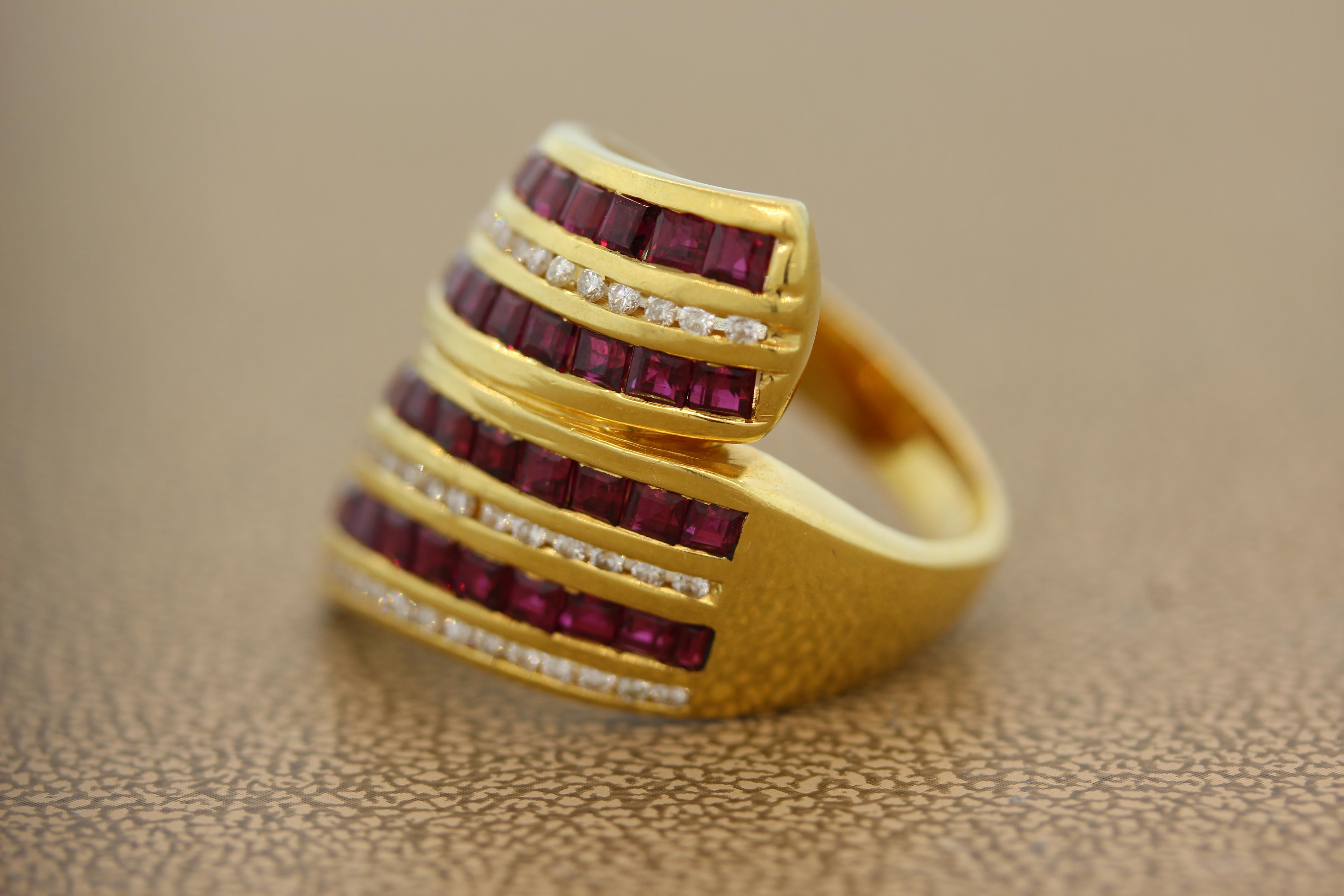 Women's or Men's Large Ruby Diamond Gold Crossover Ring