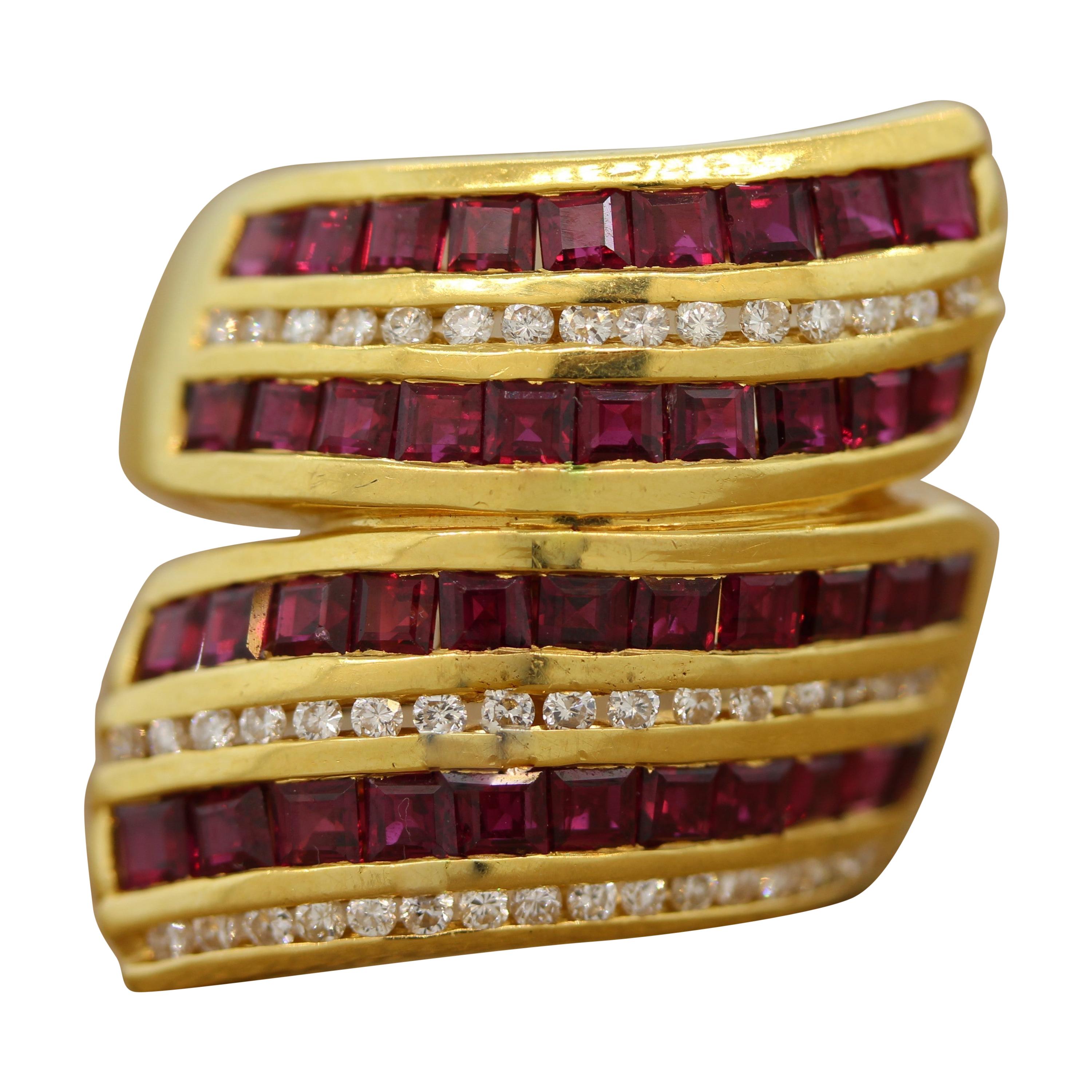Large Ruby Diamond Gold Crossover Ring