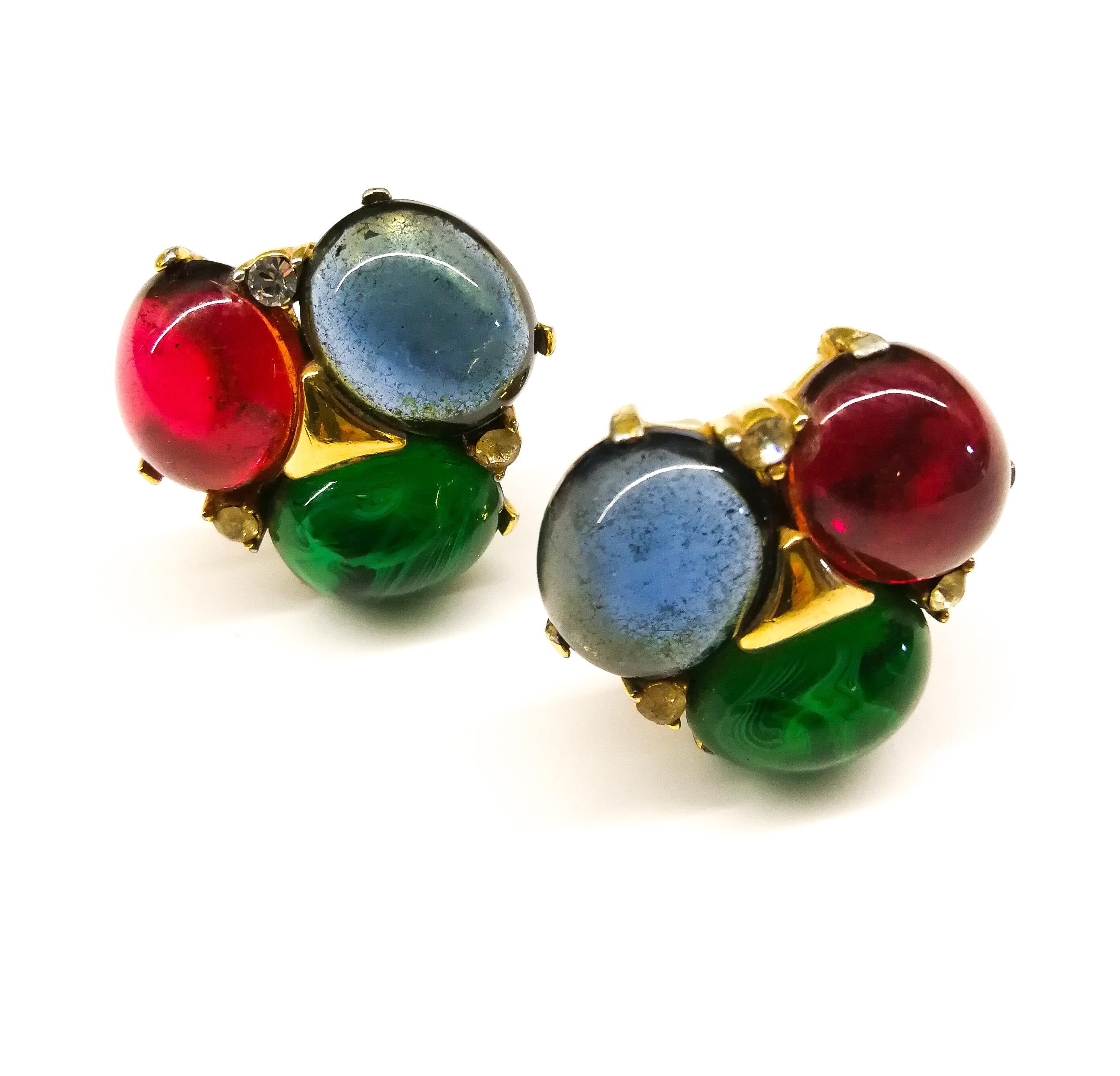 A beautiful pair of very wearable cabuchon earrings from Ciner, with three large stones, of sapphire, ruby and emerald glass, set in gilt metal, with three single clear paste highlights. Chic and versatile, these are a classic Ciner design from this