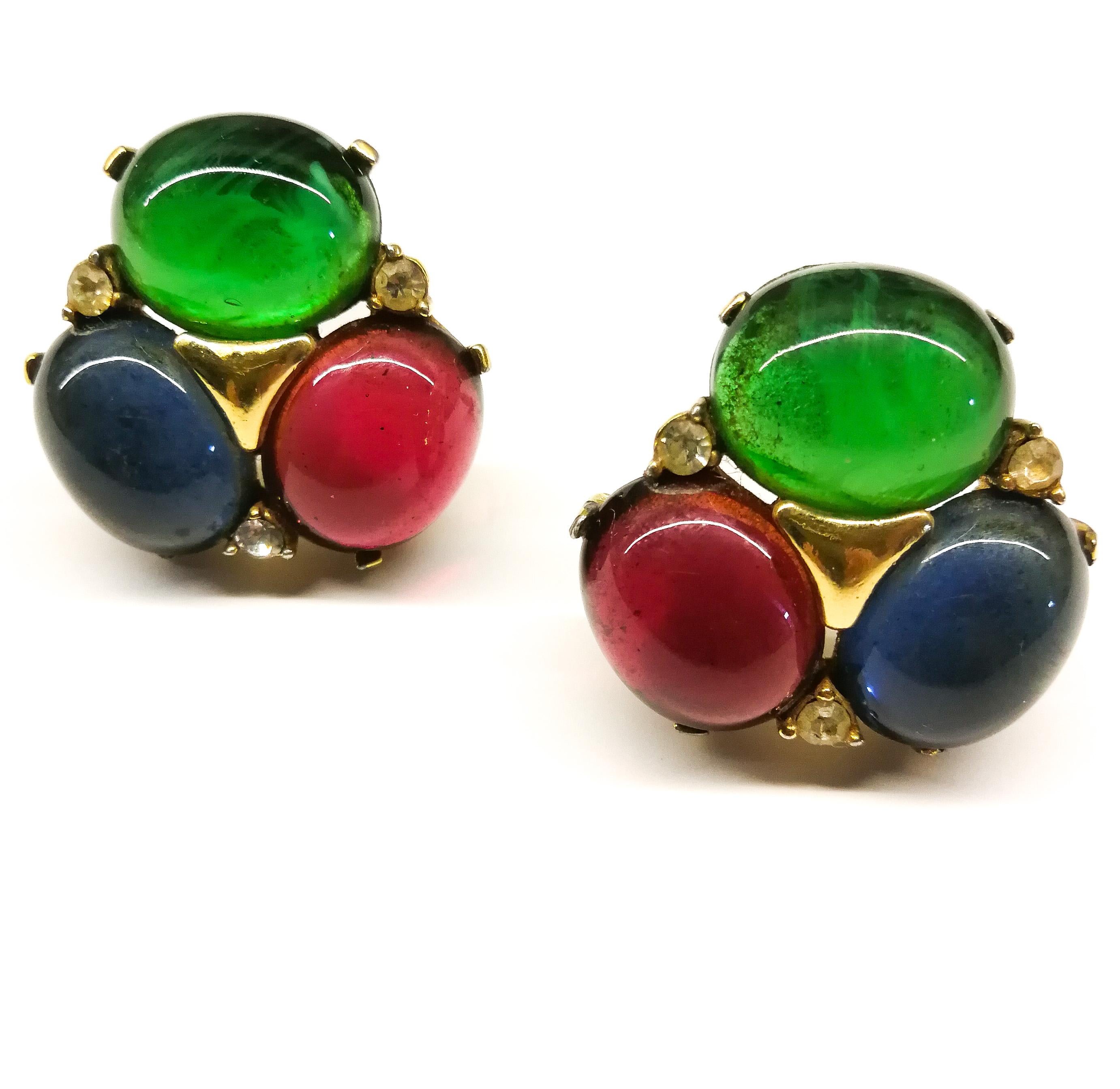 Large ruby, emerald and sapphire paste cabuchon earrings, Ciner, USA, 1980s In Good Condition In Greyabbey, County Down