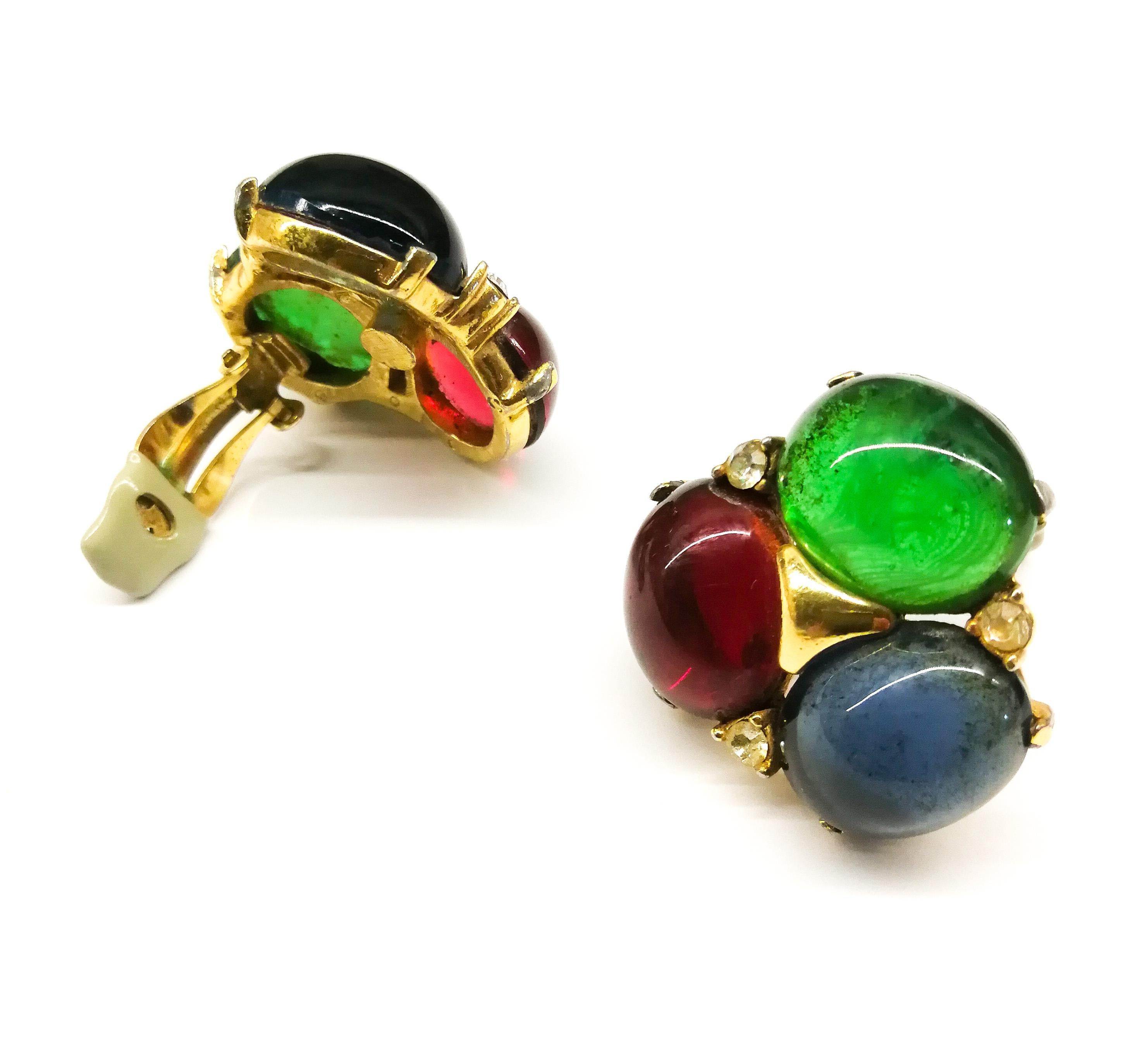 Women's Large ruby, emerald and sapphire paste cabuchon earrings, Ciner, USA, 1980s
