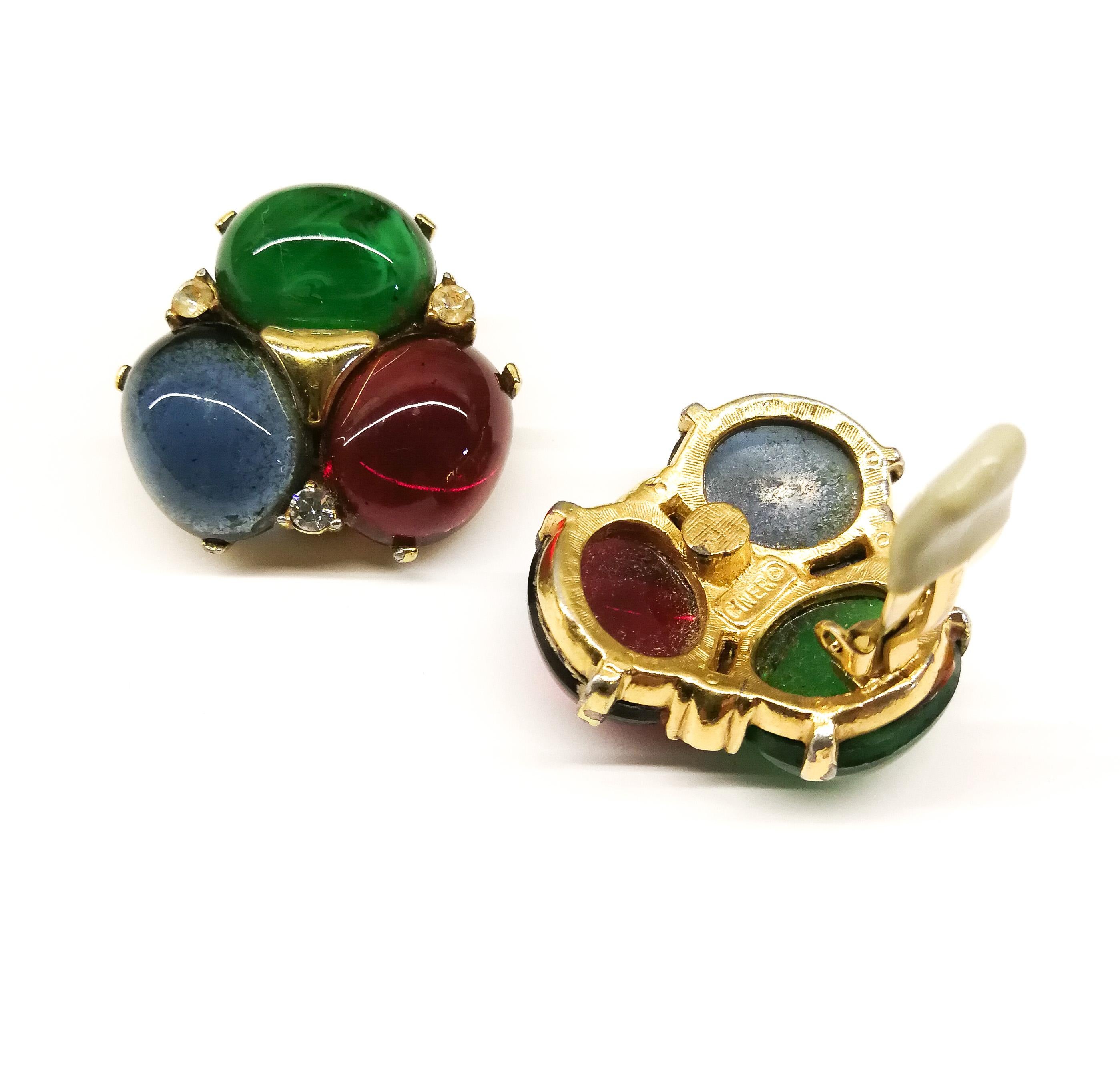 Large ruby, emerald and sapphire paste cabuchon earrings, Ciner, USA, 1980s 1