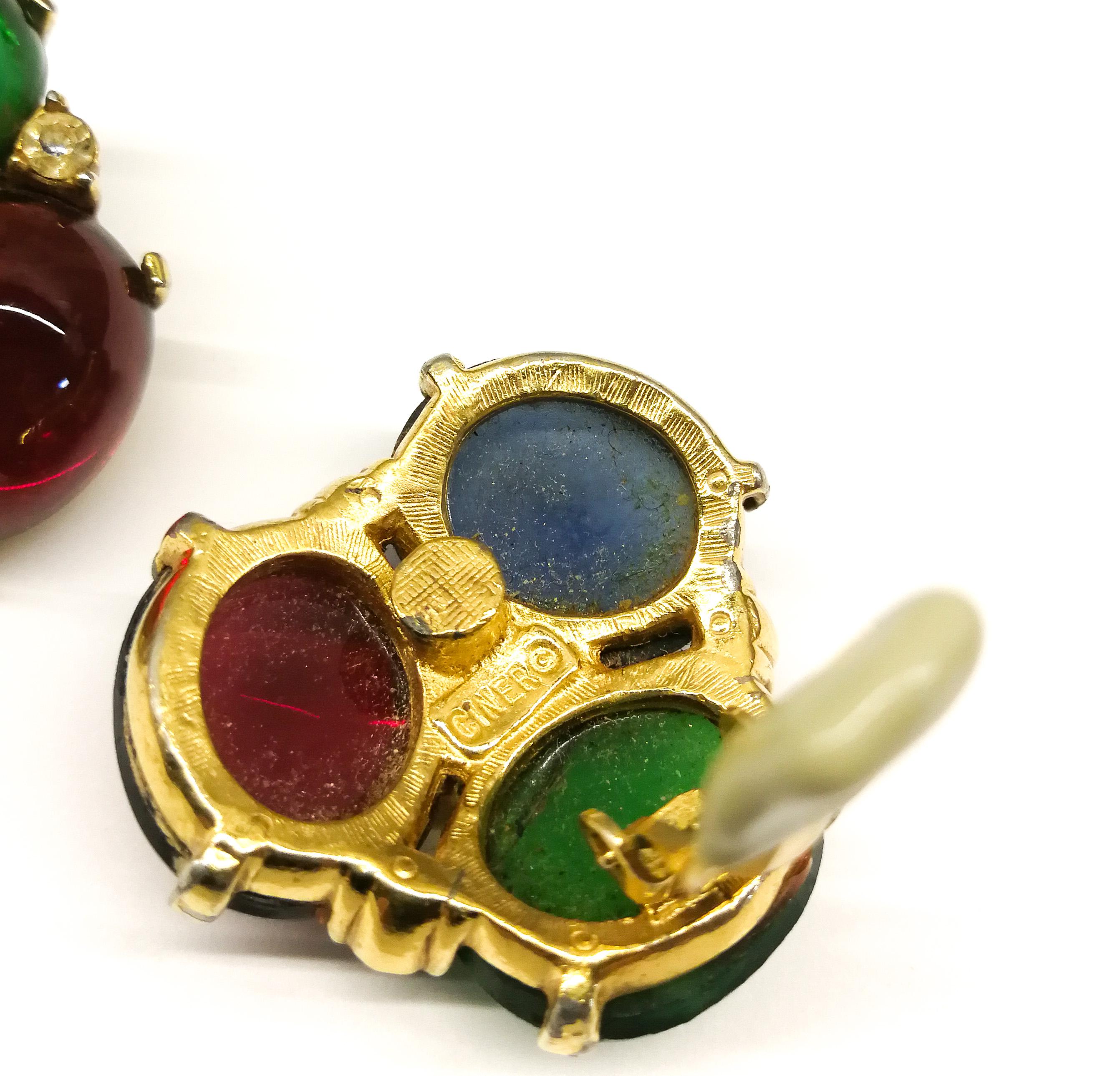 Large ruby, emerald and sapphire paste cabuchon earrings, Ciner, USA, 1980s 2