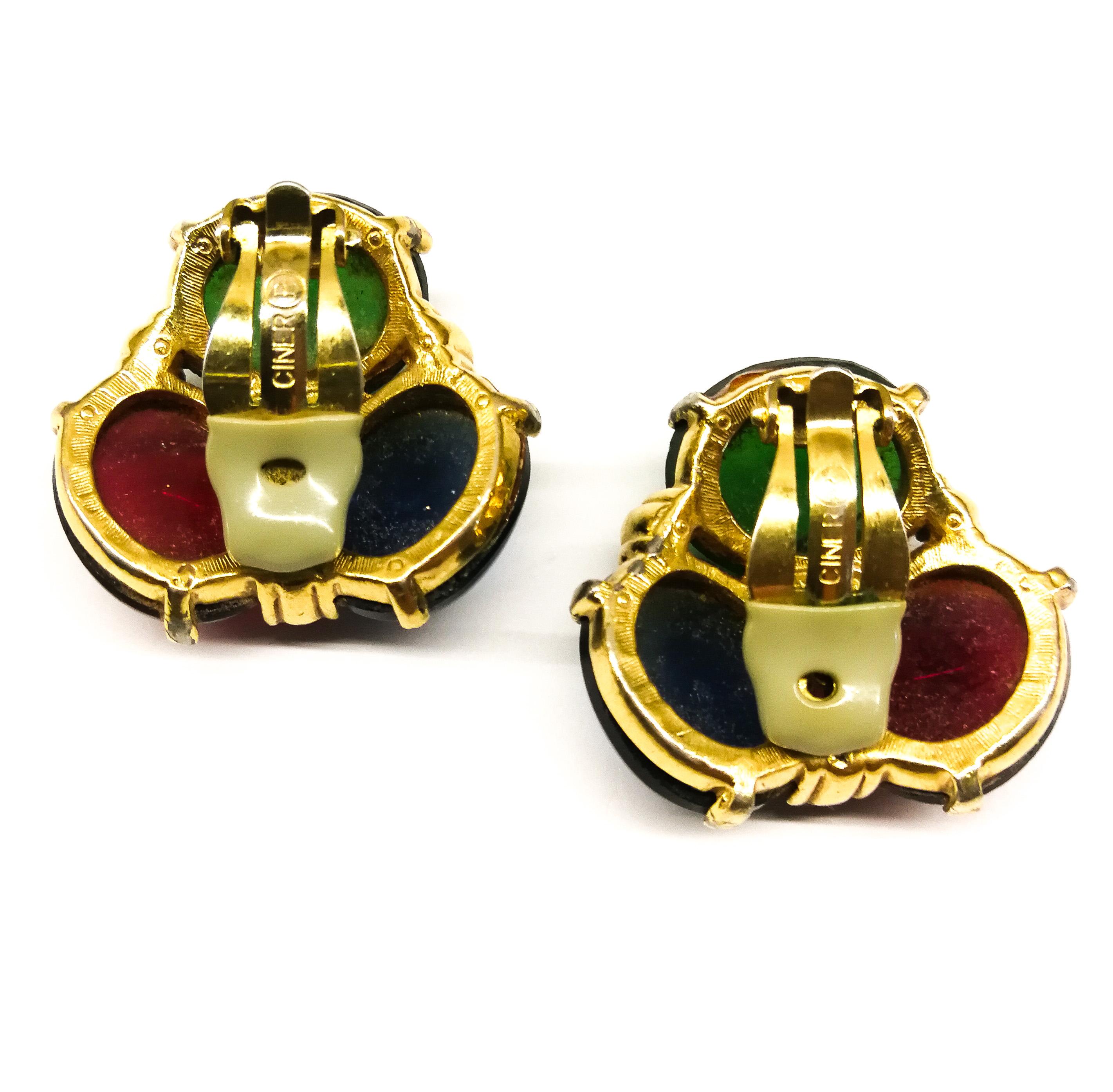 Large ruby, emerald and sapphire paste cabuchon earrings, Ciner, USA, 1980s 3