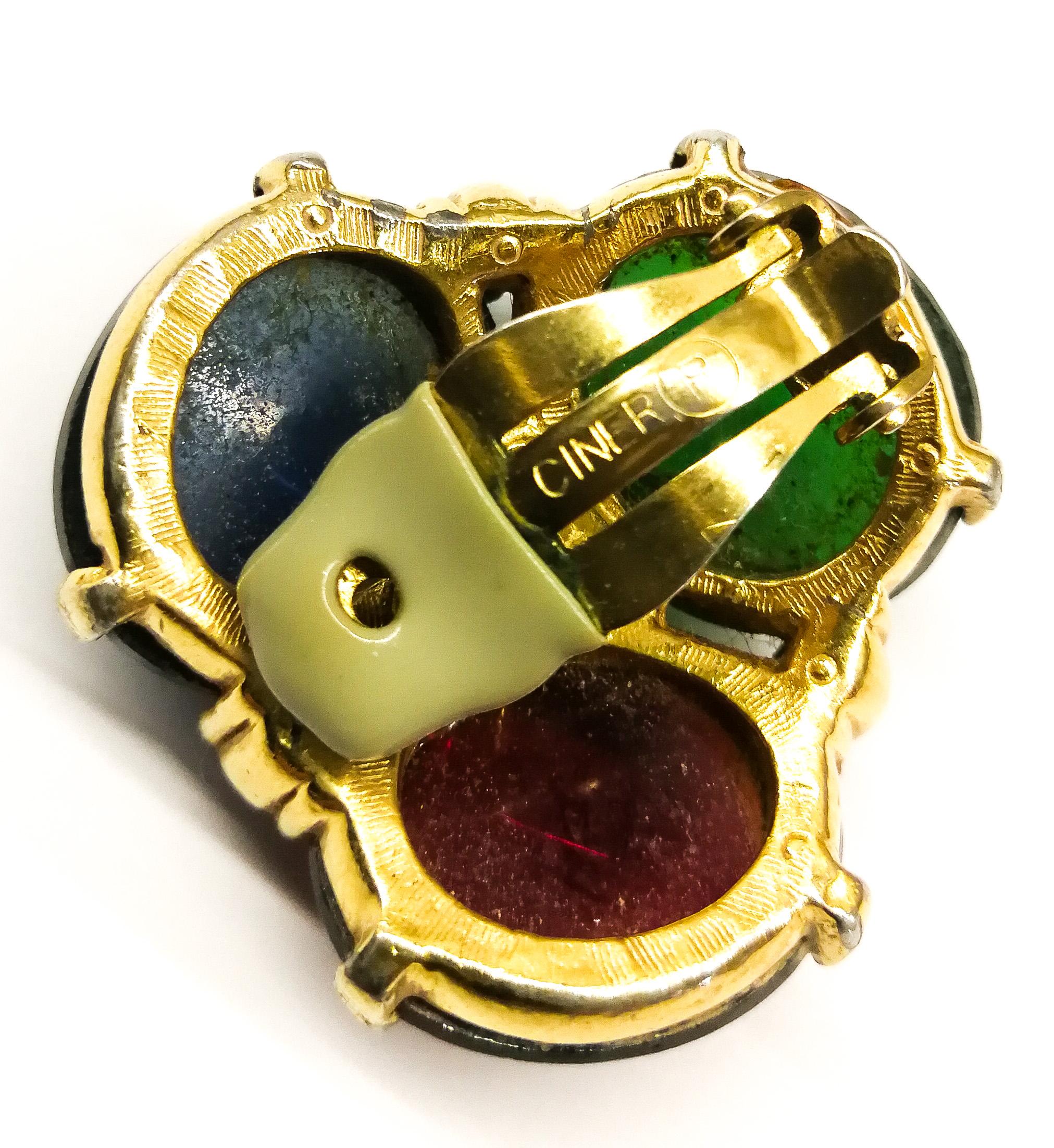 Large ruby, emerald and sapphire paste cabuchon earrings, Ciner, USA, 1980s 4