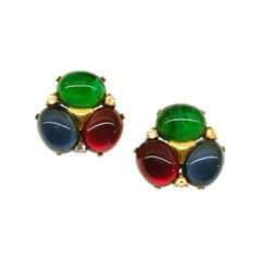 Vintage Large ruby, emerald and sapphire paste cabuchon earrings, Ciner, USA, 1980s