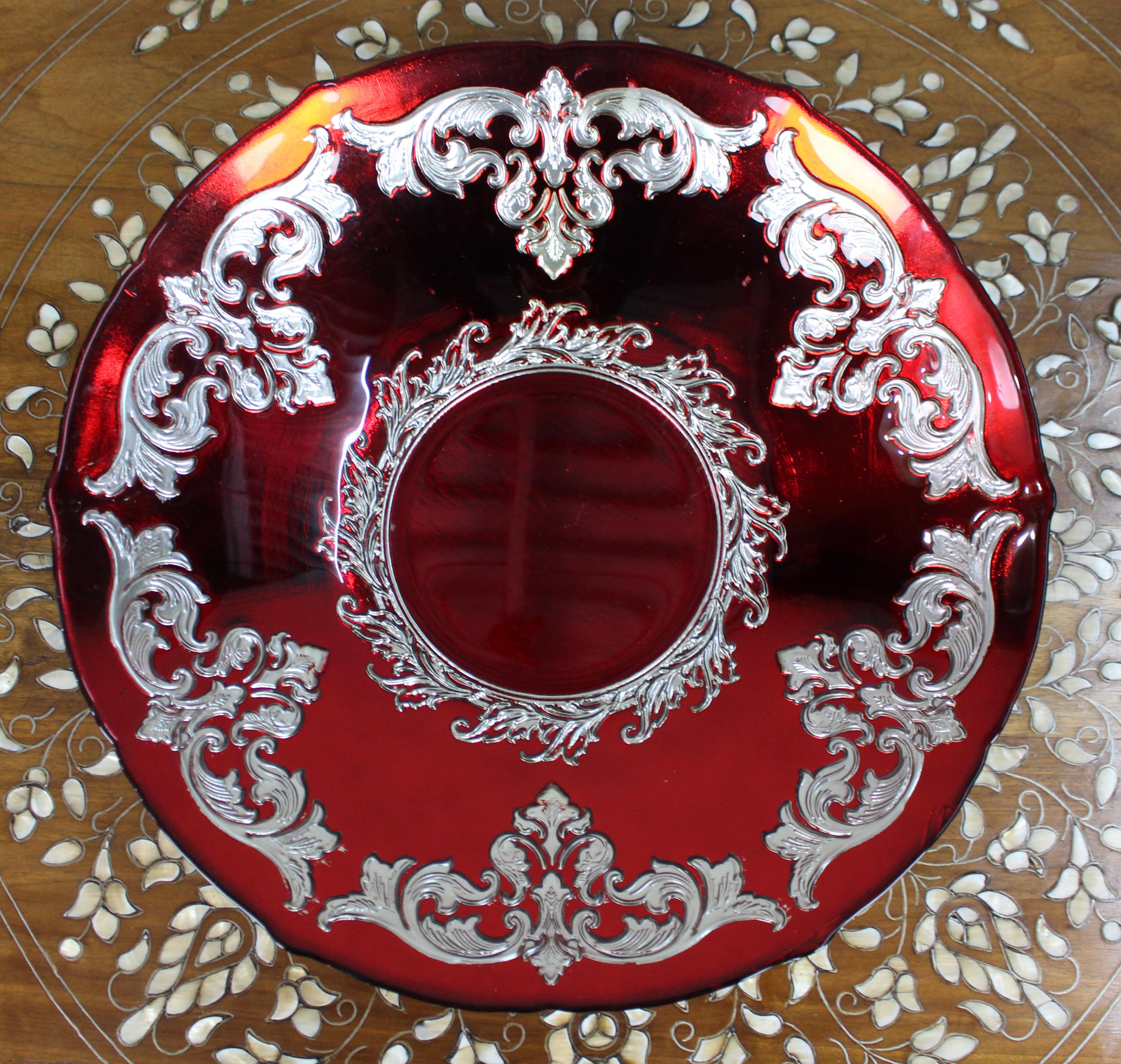 Large Ruby Flashed Glass Bowl with Ornate Silver Overlay In Good Condition For Sale In Worcester, GB