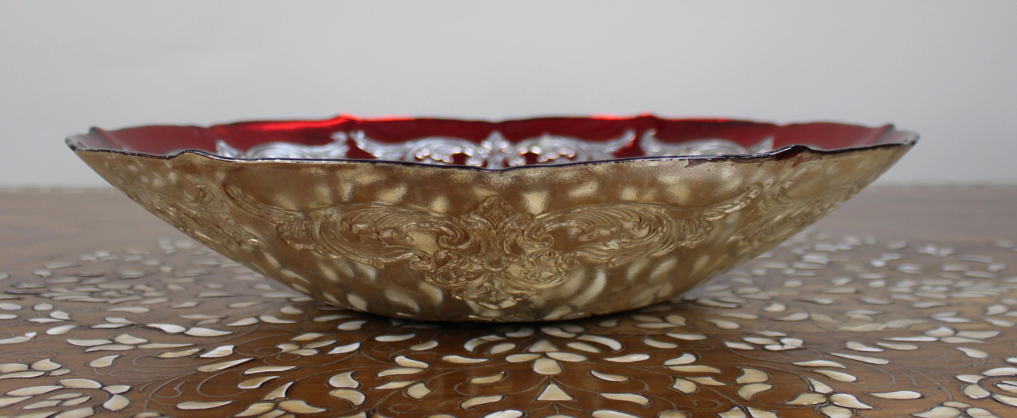 Contemporary Large Ruby Flashed Glass Bowl with Ornate Silver Overlay For Sale