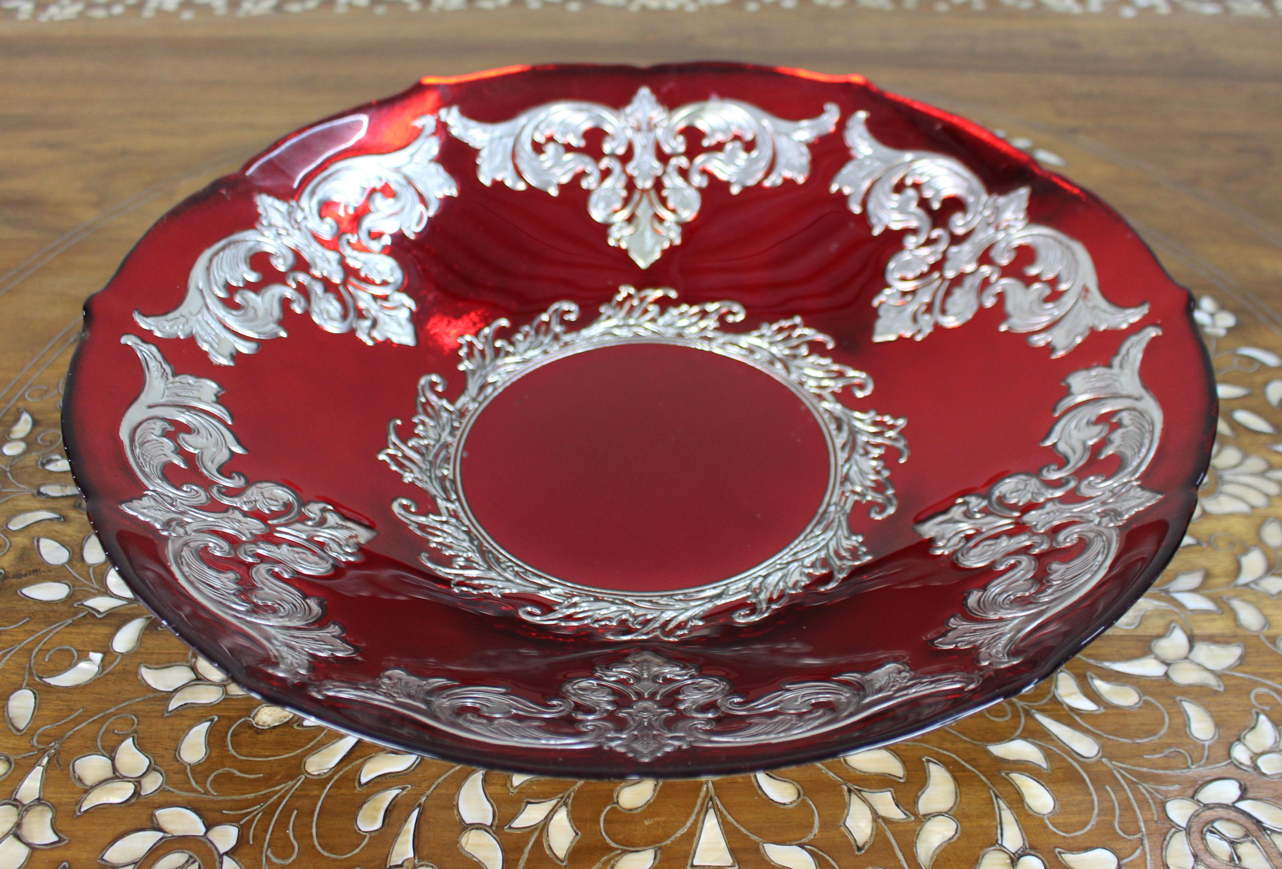 Large Ruby Flashed Glass Bowl with Ornate Silver Overlay For Sale 1