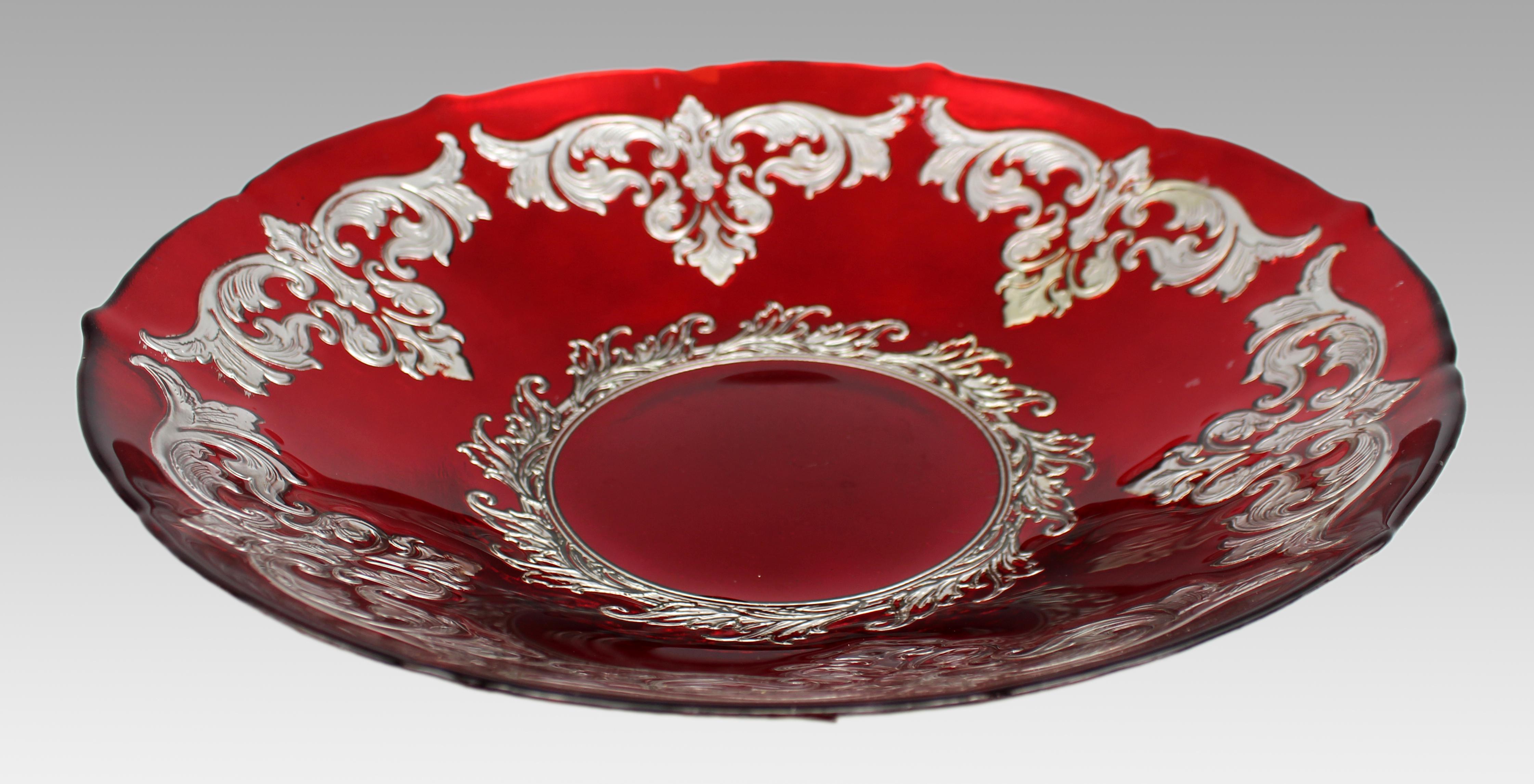 Large Ruby Flashed Glass Bowl with Ornate Silver Overlay For Sale 3