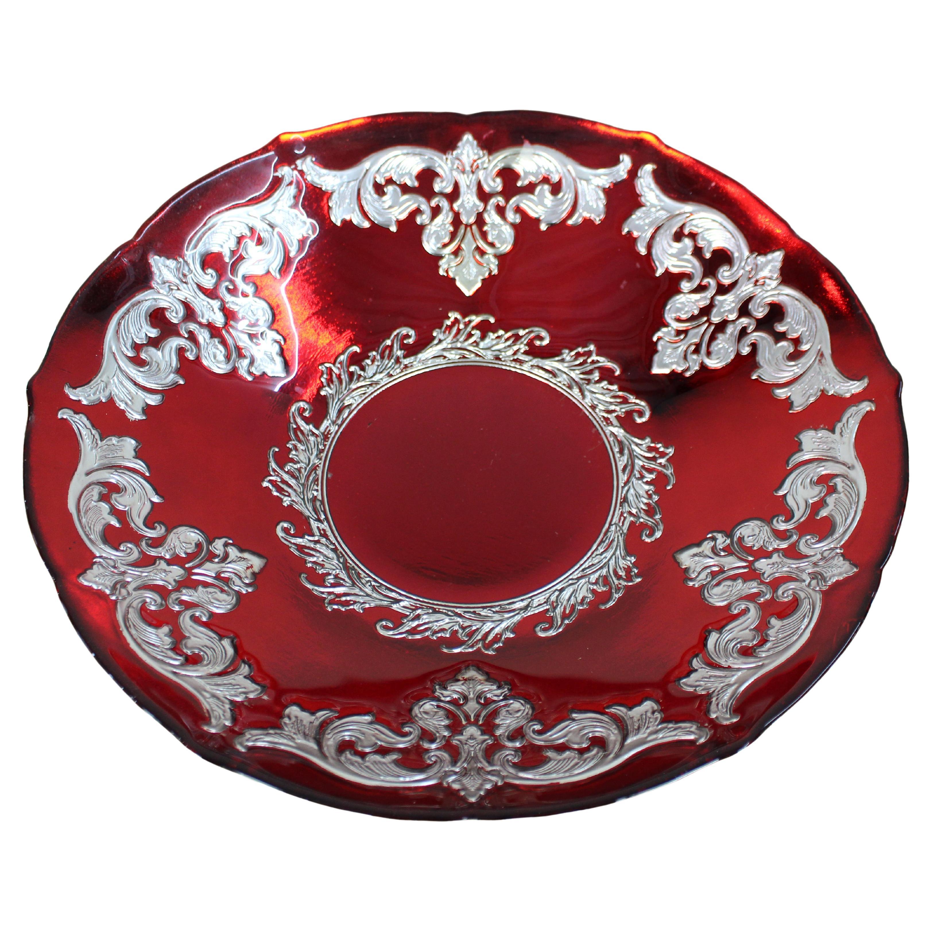 Large Ruby Flashed Glass Bowl with Ornate Silver Overlay For Sale