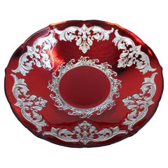 Large Ruby Flashed Glass Bowl with Ornate Silver Overlay