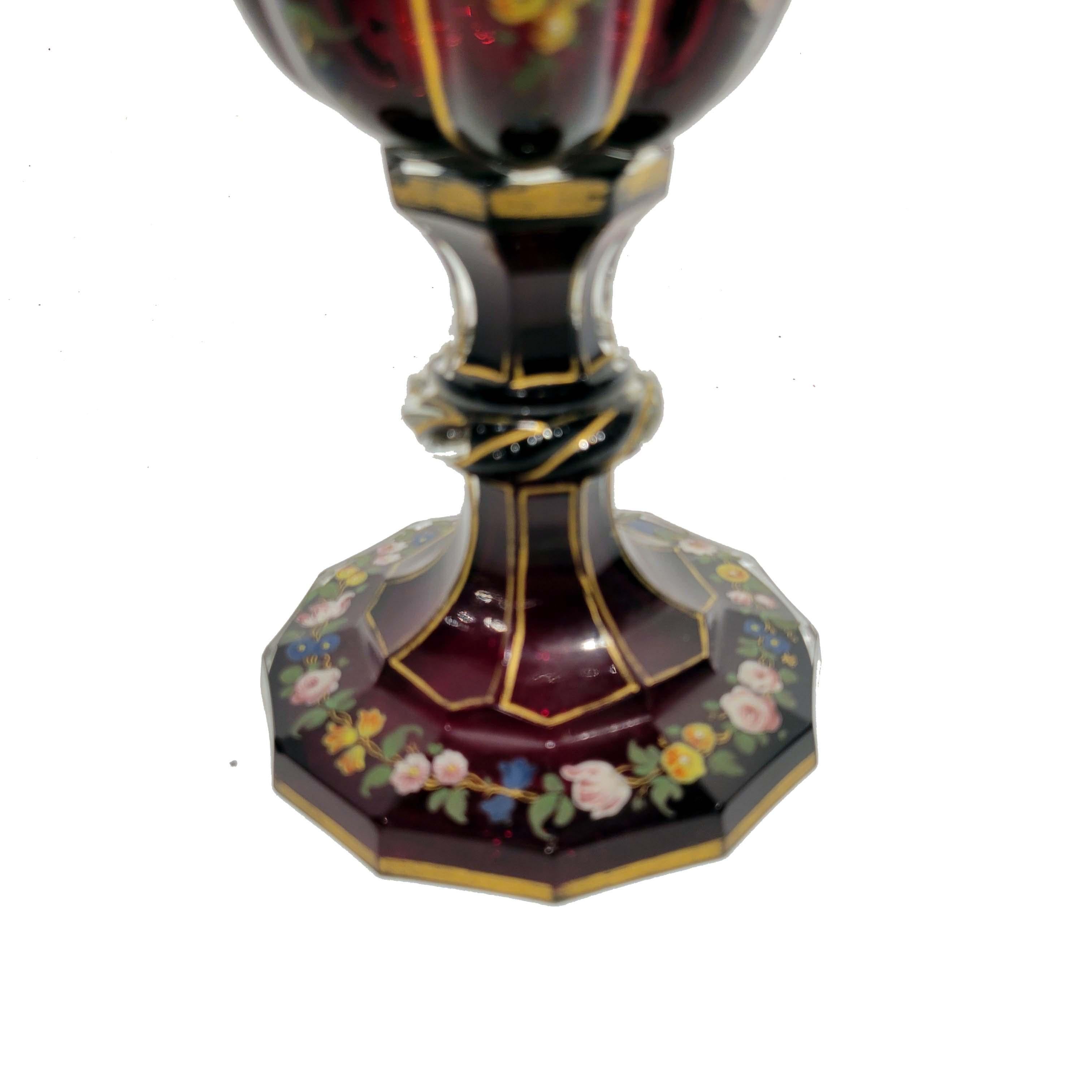 Belle Époque Large Ruby Red Polychromed Bohemian Goblet, 19th Century
