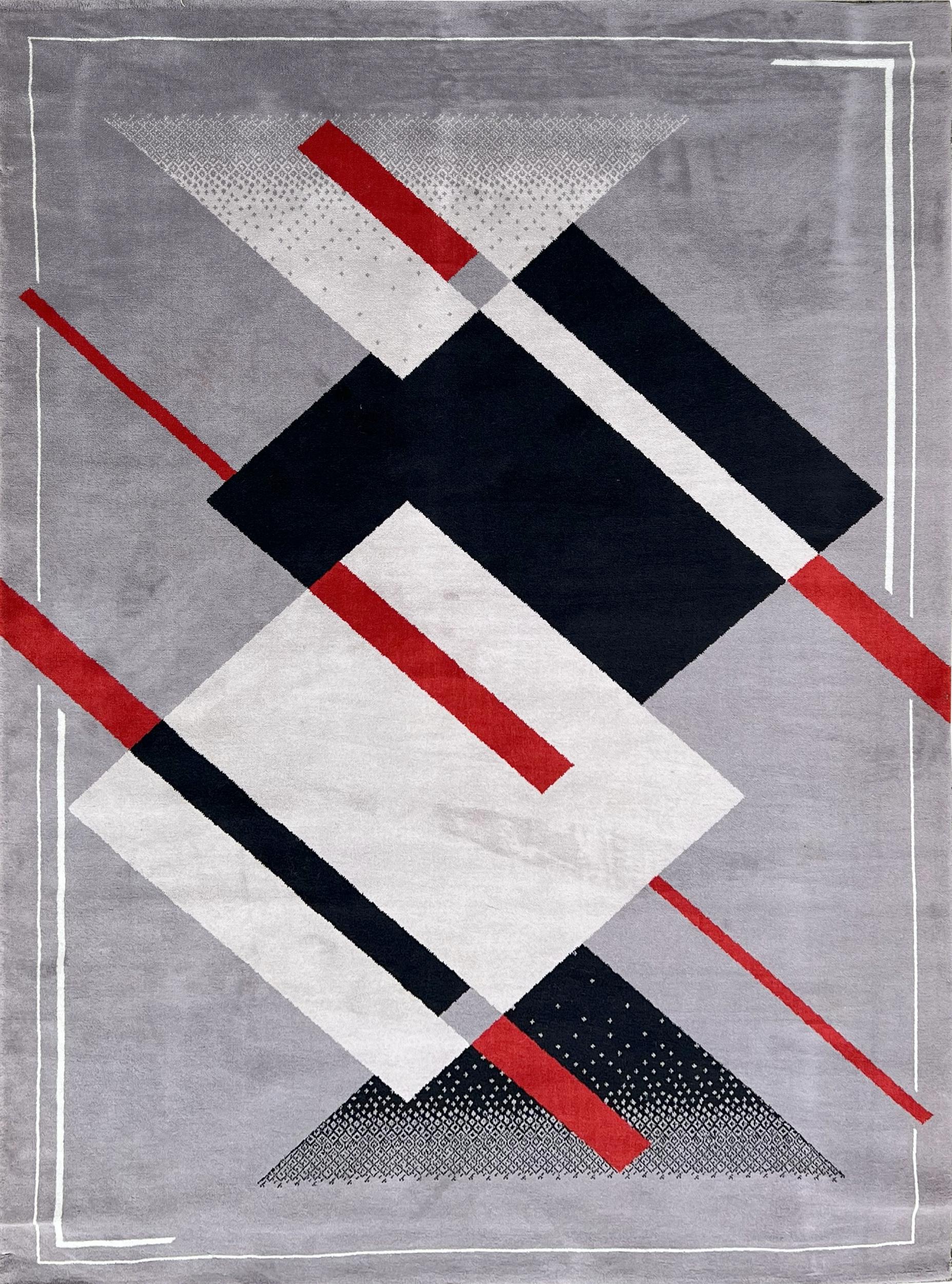 Großer mechanischer Wollteppich mit geometrischem Dekor in Rot, Weiß, Grau und Schwarz. Frankreich um 1970. In sehr gutem Zustand.

Länge: 283 cm - 111,4 Zoll - 9,25 Fuß
Breite: 190 cm - 74.8 inches _ 6.2 feet
