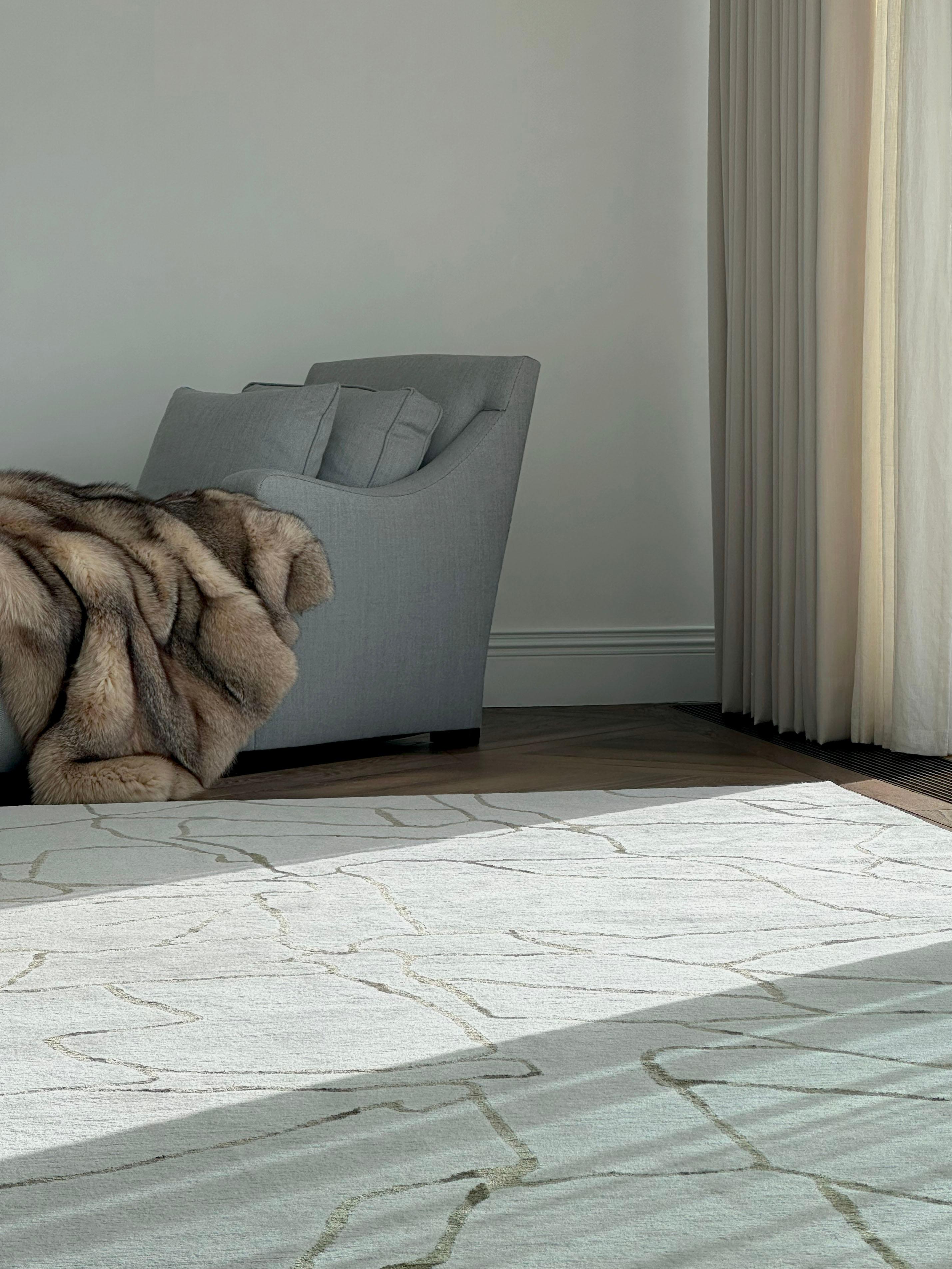 Organic Modern Large Runner Rug, Cream Wool Green Silk, Kelly Wearstler The Rug Company For Sale