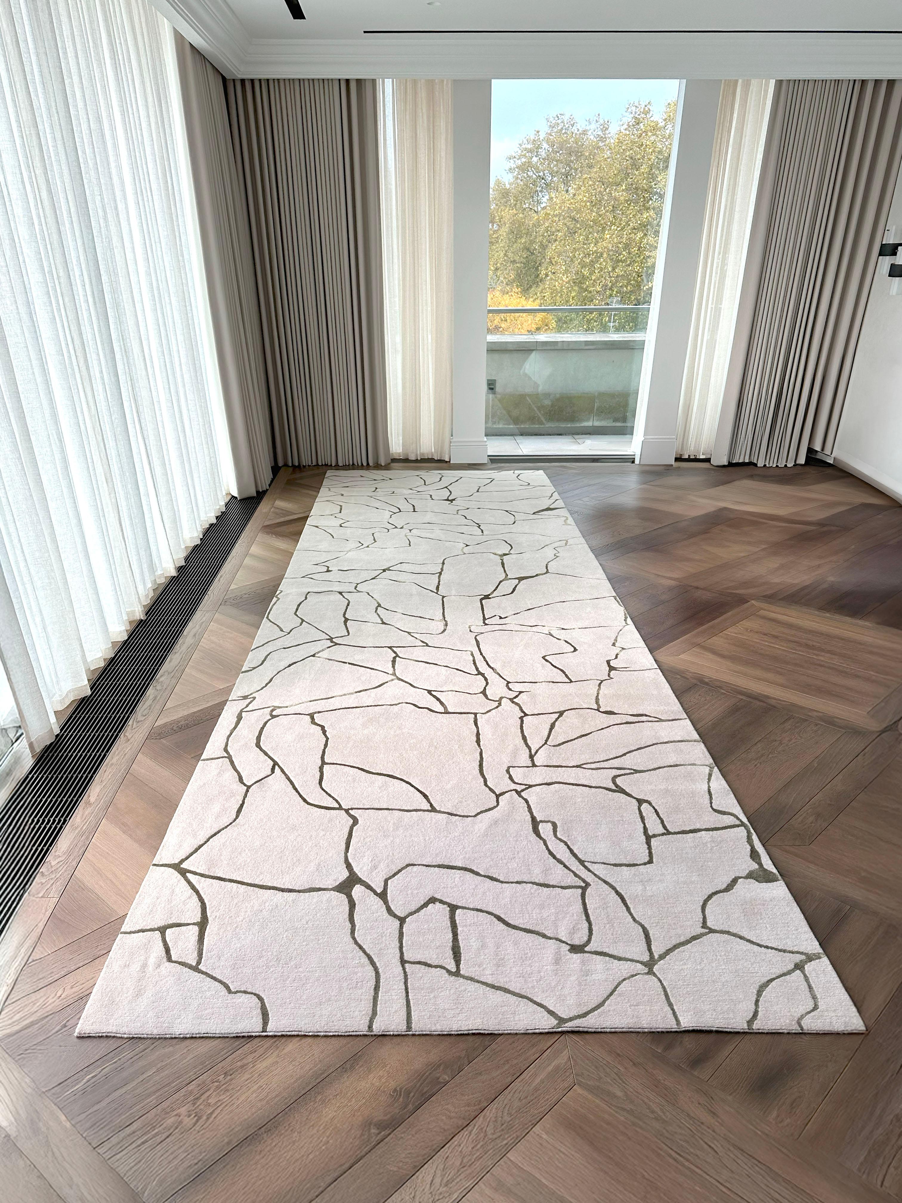 Hand-Crafted Large Runner Rug, Cream Wool Green Silk, Kelly Wearstler The Rug Company For Sale