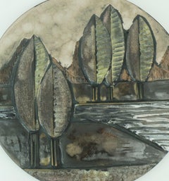 large ruscha WALL TILE tuscan landscape with cypresses along a river 1970s