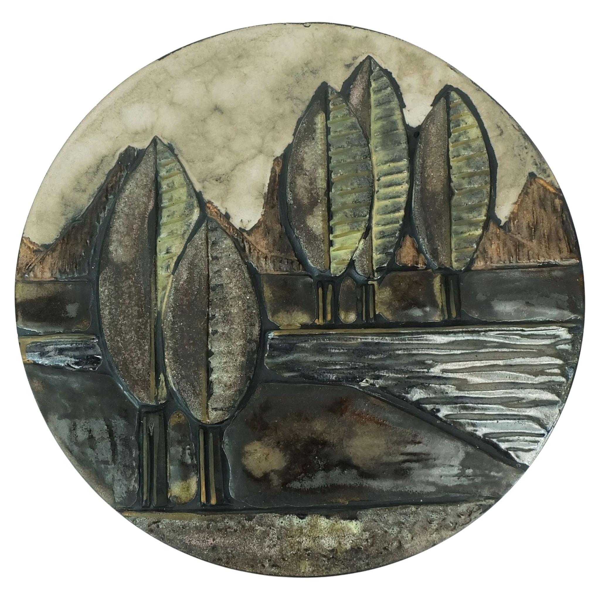 large ruscha WALL TILE tuscan landscape with cypresses along a river 1970s