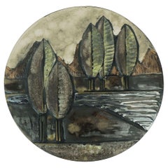 Vintage large ruscha WALL TILE tuscan landscape with cypresses along a river 1970s